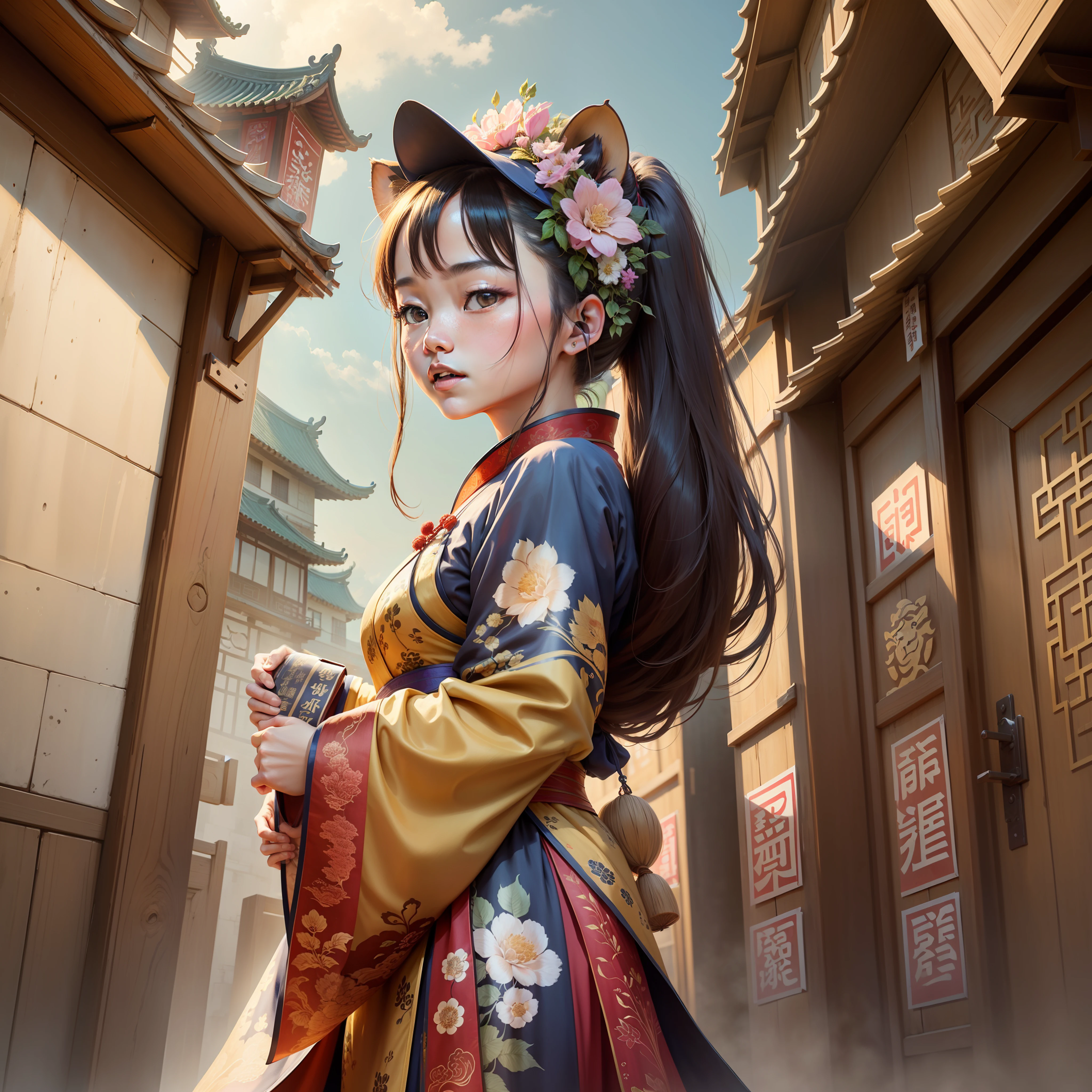 In China's rural people, people's clothing style is Hanfu, the facial expressions of the human face should be natural, people hold New Year gifts, the building is a Tang Dynasty style building, the decoration of the building needs to have the atmosphere of the New Year, all fonts in the map are Chinese Simplified, and there needs to be a lion awakening activity on the street --auto --s2