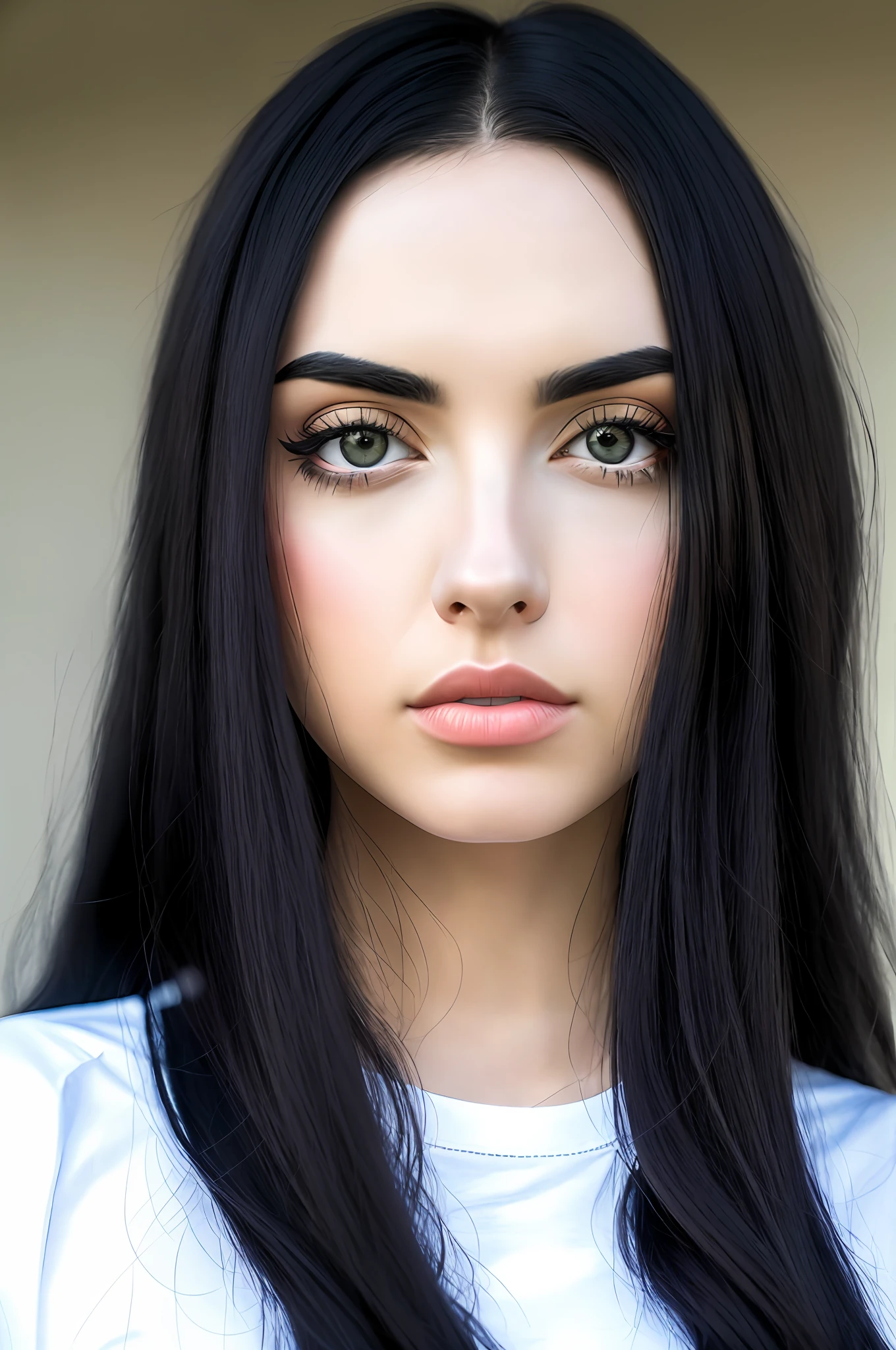 A close up of a woman with long black hair and a white shirt - SeaArt AI