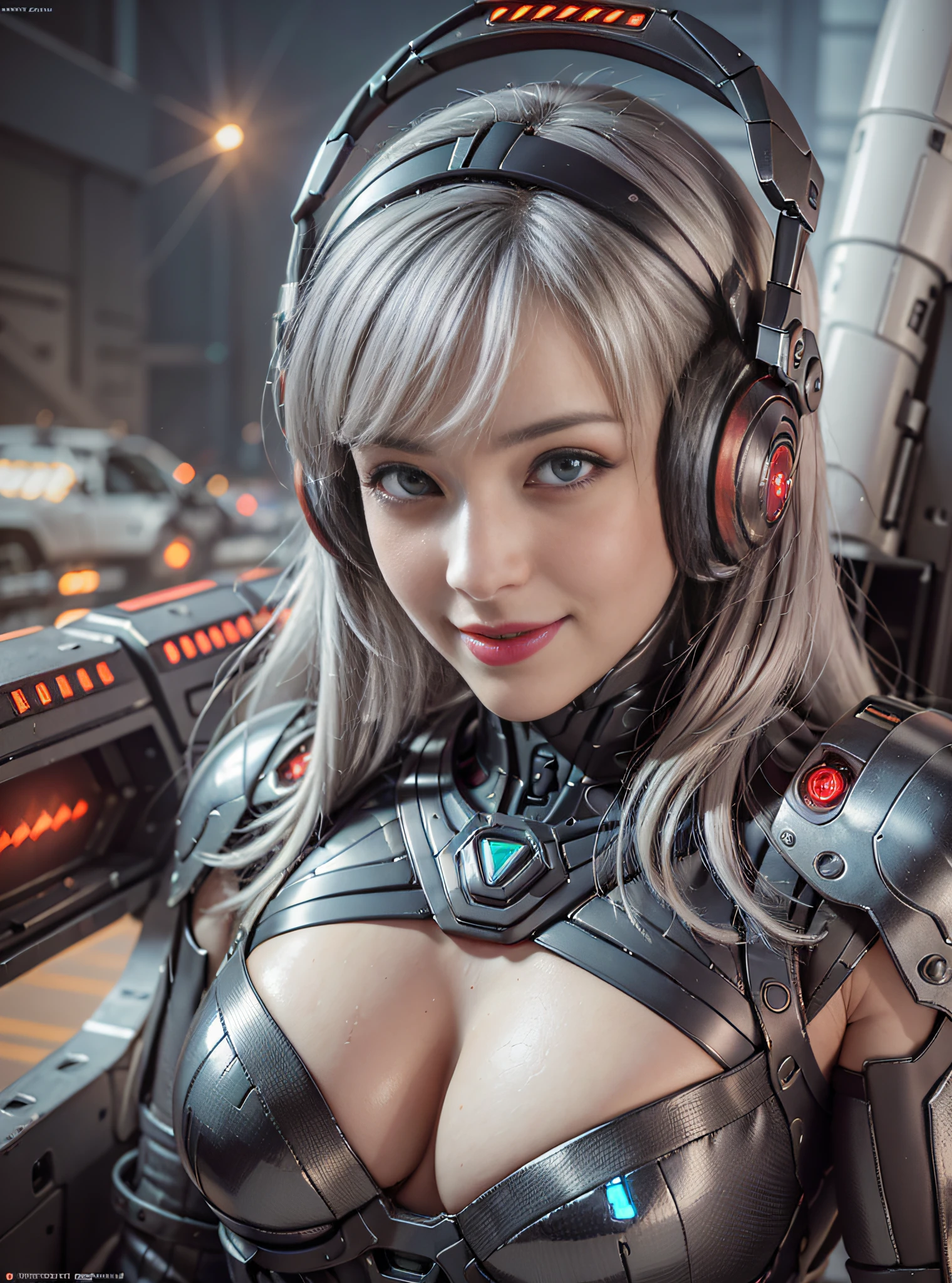 8K, Best Quality, Masterpiece, Ultra High Resolution, (Realism: 1.4), Girl Futuristic Combat Suit Wearing Futuristic Pilot Helmet, (Red Pupils), ((Red Crystal Eyes)), In the cockpit of the mecha, black clouds, lightning, background of aerial battlefield, Falling plane, Flying anti-aircraft missiles, Exploding flames, Mechanically built birds, Real women, Real breasts, Deep cleavage, Real faces, cute girls, smiles, perfect cyborg girls, Wearing sci-fi headphones, beautiful female , beautiful girl cyborg, silver hair, manipulator, CG,