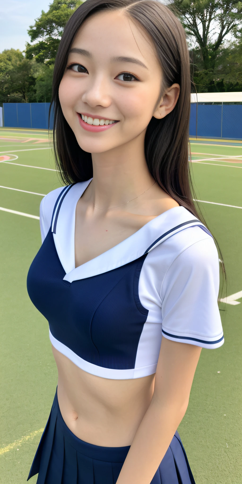 Neat college girl, petite person, (school uniform, summer clothes, short sleeves), outside the athletics field, (slim), photorealistic, detail, skin texture, ultra detail, delicate and sexy collarbone, smile, super detailed face, detailed lips, detailed eyes, double eyelids, breast enhancement, navel, constriction, small breasts, small, flat