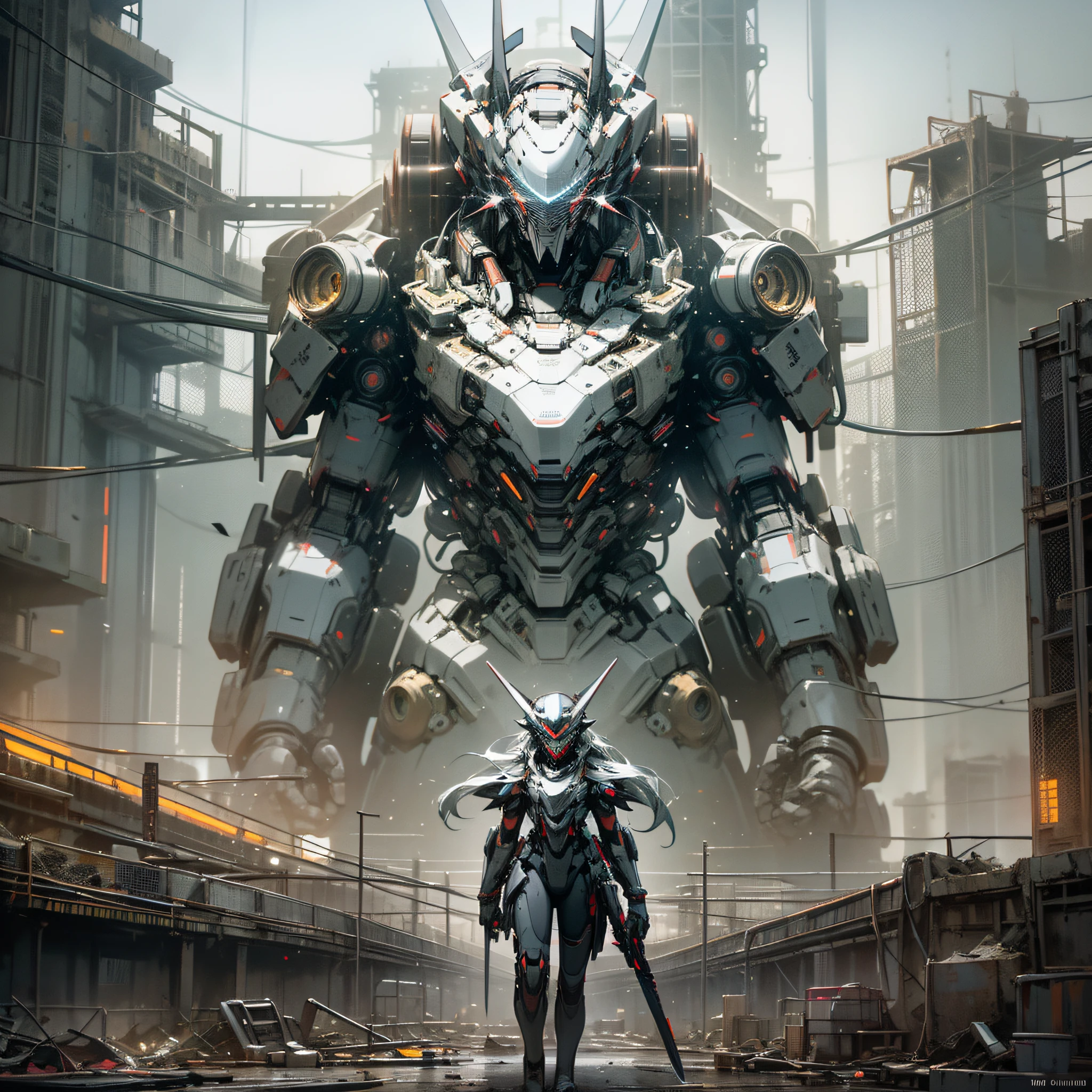 The robot helmet flashes slightly, holding a spear, the background is the starry sky and the ruins of the apocalyptic city, dominated by orange and silver gray mecha, the eyes are shining, and the other world is full of futurism. The metal texture is exquisite and realistic, and the neon lights portray the desolation of the ruins. The overall style is strong cyberpunk, the picture effect is extremely delicate, and the resolution reaches 8K. （ultra-detailed+8k resolution） --auto --s2