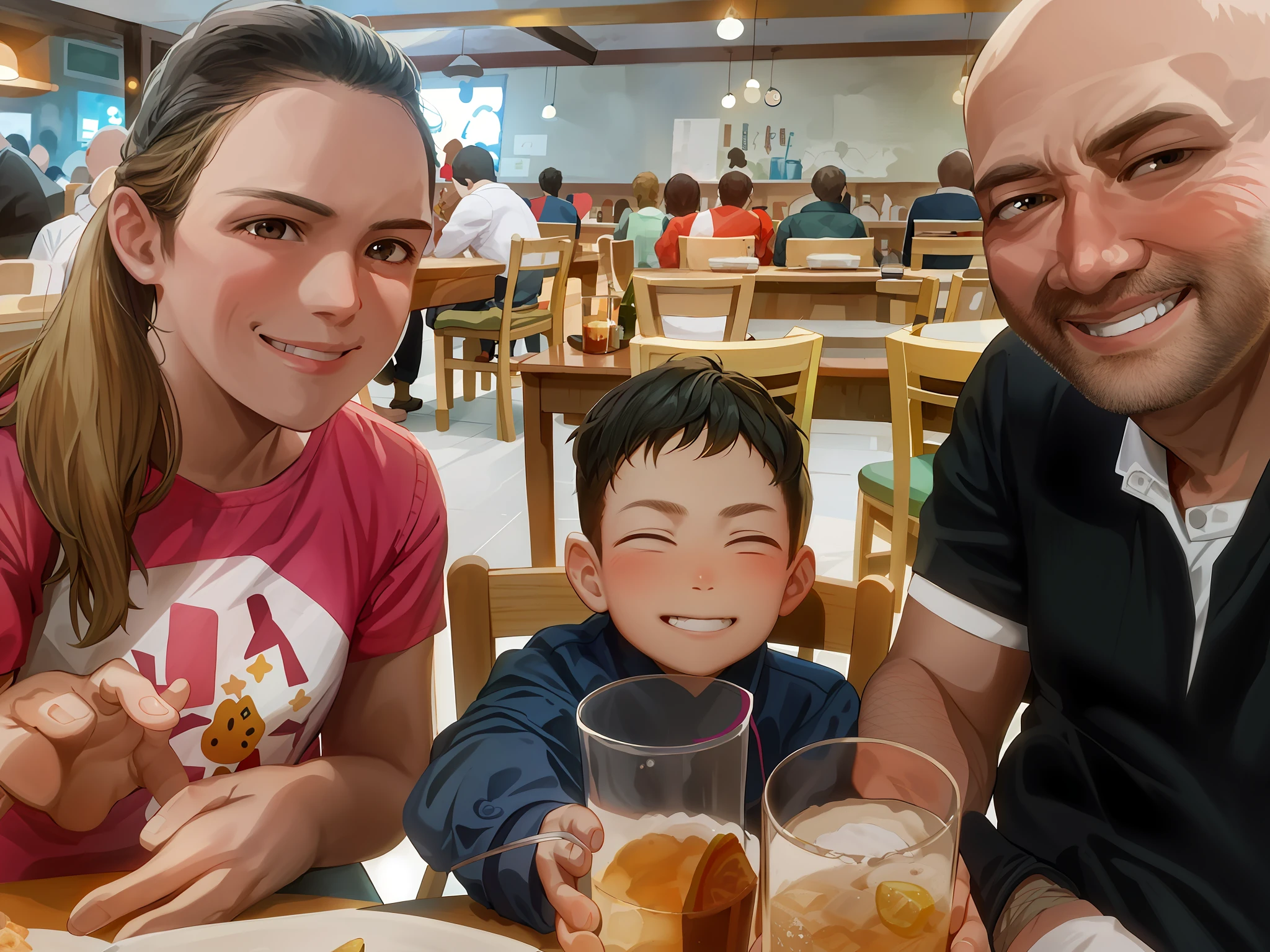 there are two people and a child sitting at a table with drinks, husband wife and son, family dinner, by Nándor Katona, happy family, in the pub, jose miguel roman frances, family photo, yummy, ???, with a drink, with a kid, cheers, family, family friendly, little ???, by Alexander Fedosav