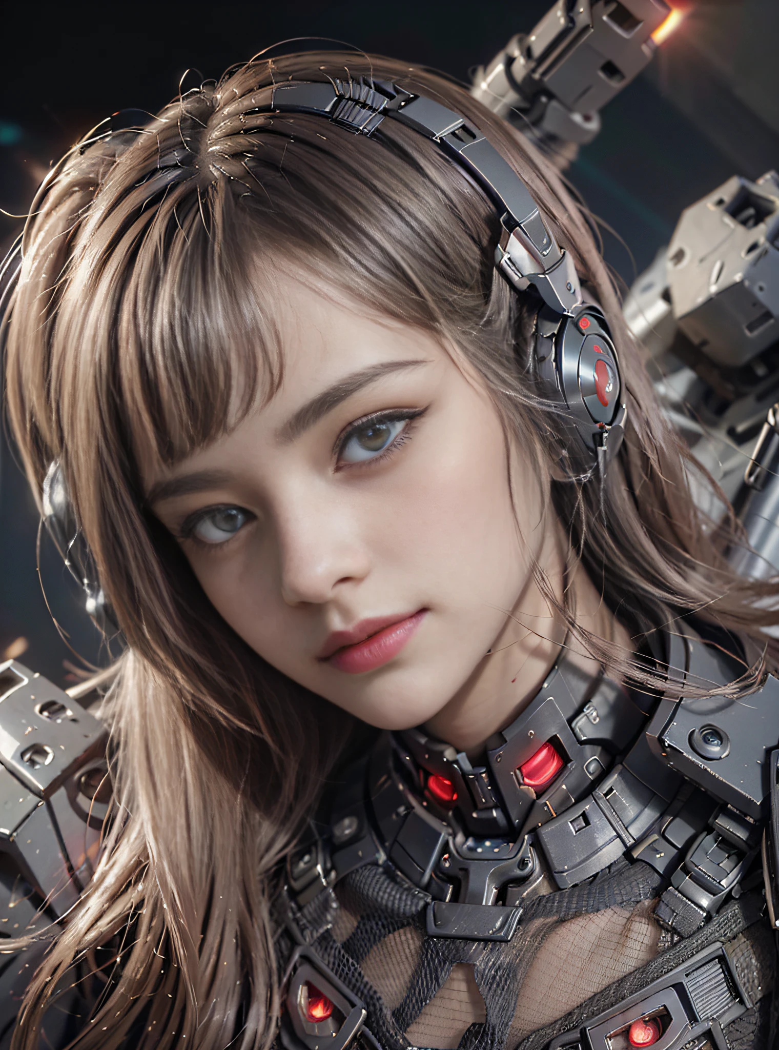 8K, Best Quality, Masterpiece, Ultra High Resolution, (Photorealism: 1.4), Girl Futuristic Battle Suit, Red Pupils, Red Crystal Eyes, In the cockpit of the mecha, Black Clouds, Lightning, Background of the Air Battlefield, Falling Airplane, Flying Anti-aircraft Missiles, Exploding Flames, Mechanically Built Birds, Real Woman, Cleavage, Real Face, Cute Girl, Smile, Perfect Cyborg Girl Wearing Sci-Fi Headset, Beautiful Female , Beautiful Girl Cyborg, Silver Hair, Manipulator, CG,