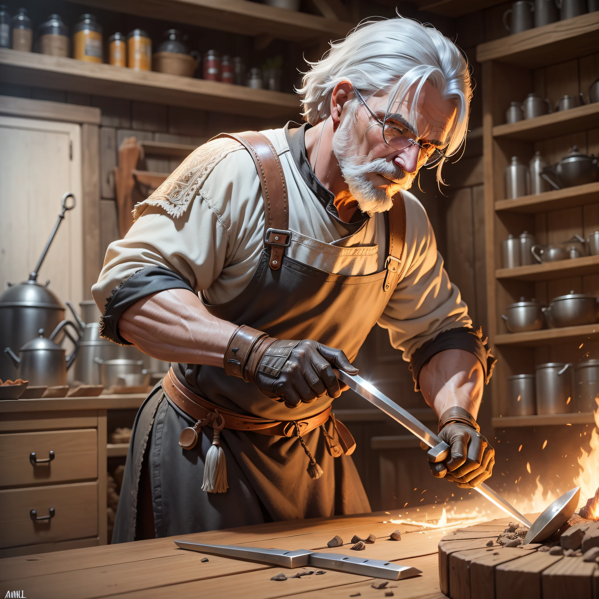 An old blacksmith wearing a blacksmith outfit from medieval age forging a spear from scratch on his anvil, focused, cinematic, unreal engine 5, hyper realism, very detailed, sharp focus, high quality