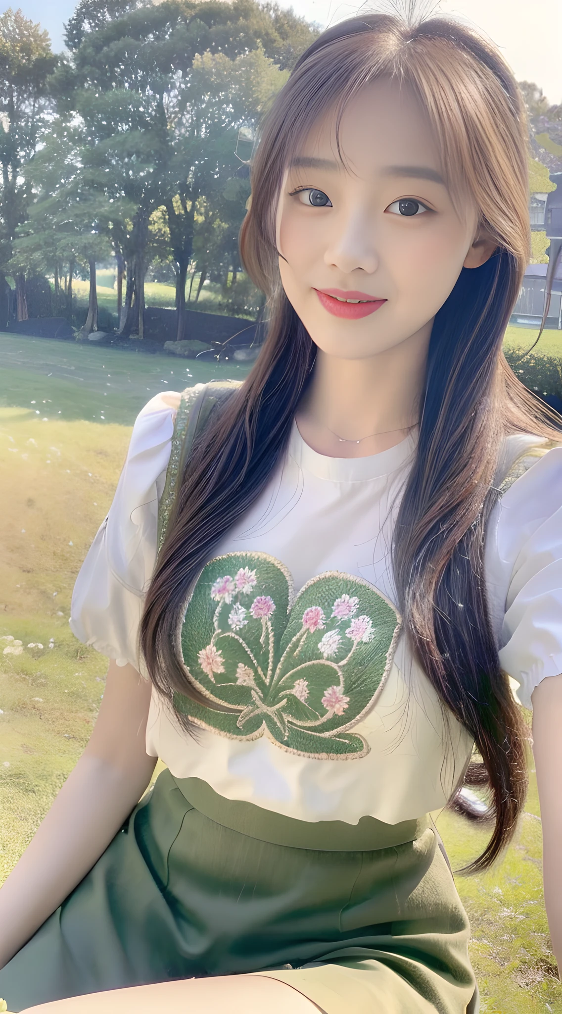 ((Best Quality, 8K, Masterpiece:1.3)), A pretty maiden, vintage embroidered floret-short, matcha color, slit skirt, high ponytail, black fluffy long straight hair, round black big eyes, clear big eyes, moist lips, sweet smile, sitting, pastoral background,