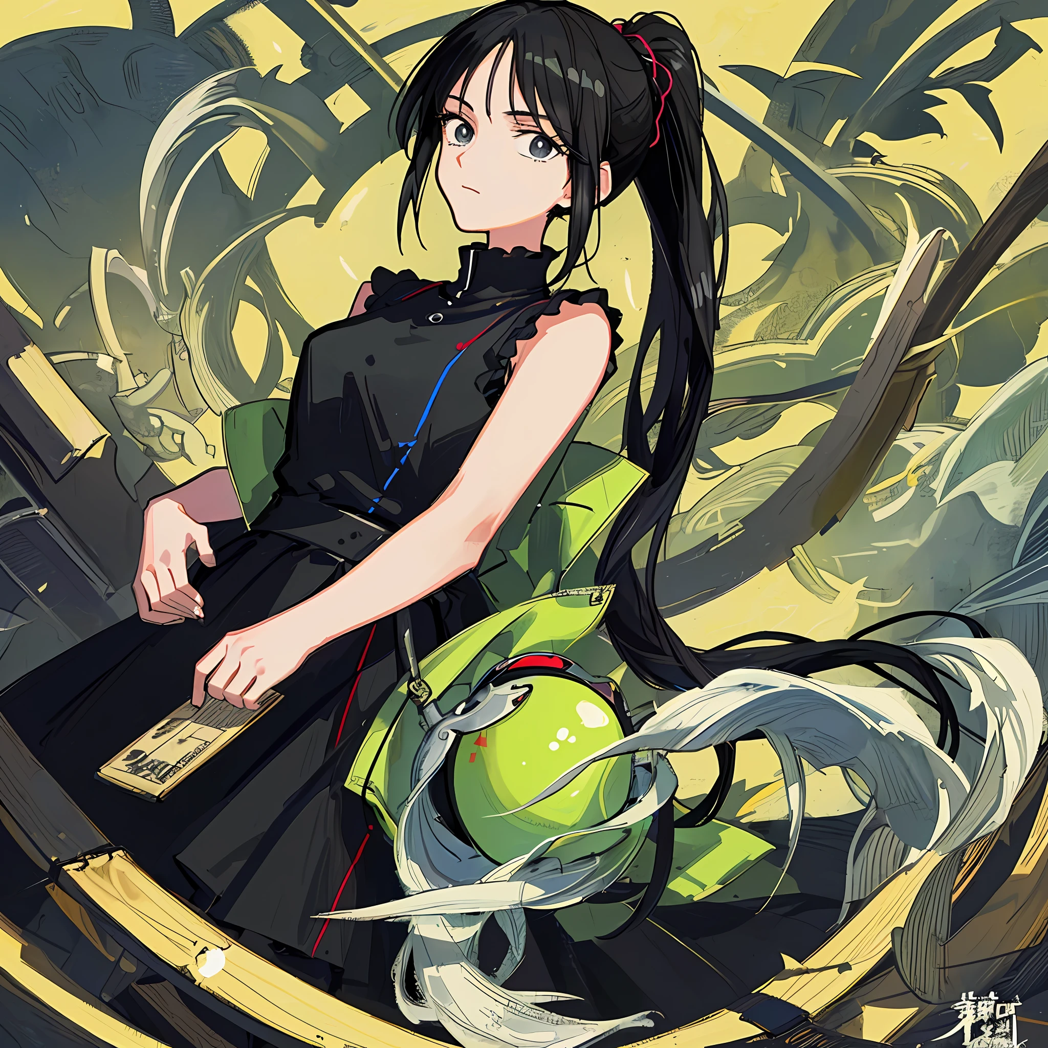 (Masterpiece), (Best Quality), (Super Detail),(Illustration), 1 Woman, Black Hair, Ponytail Hair, Black Clothing, by Yoshihiro Togashi, Manipulating Black Shadows.