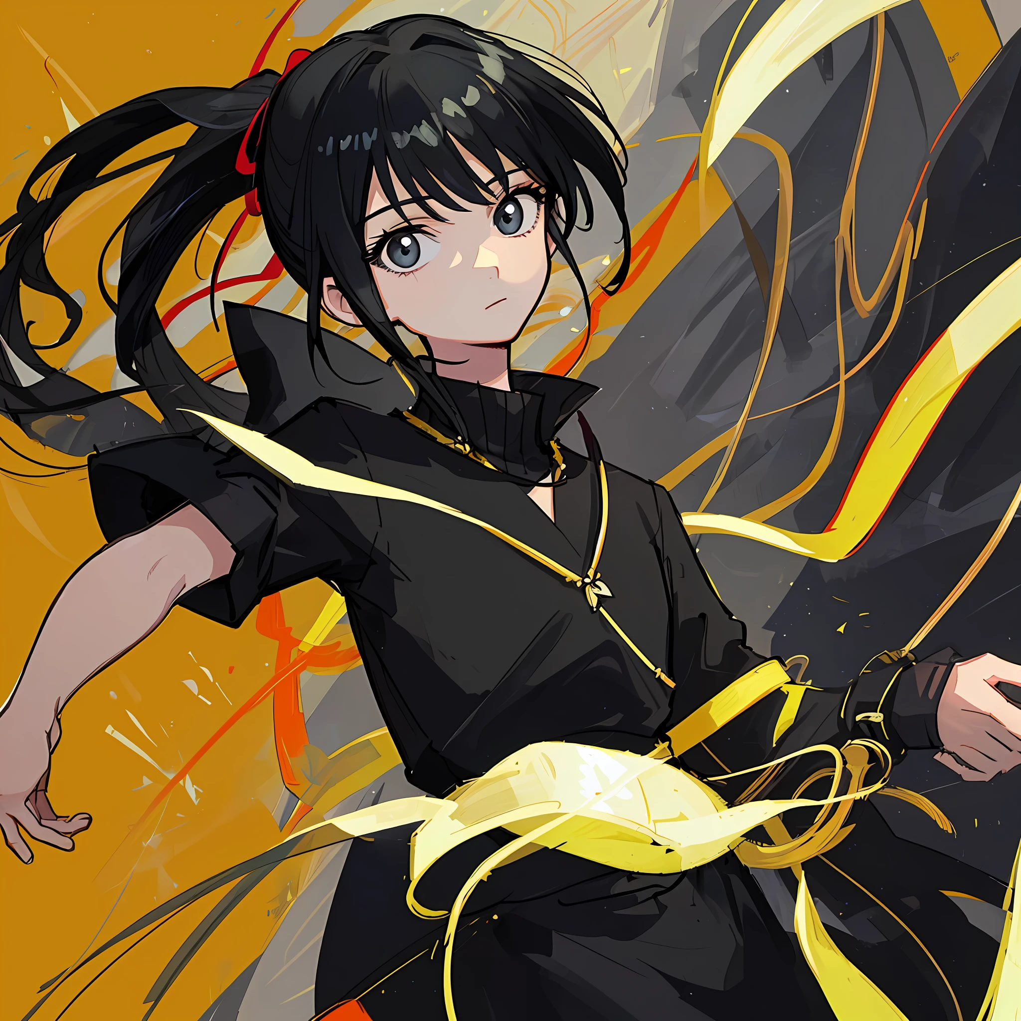 (Masterpiece), (Best Quality), (Super Detail),(Illustration), 1 Woman, Black Hair, Ponytail Hair, Black Clothing, by Yoshihiro Togashi, Manipulating Black Shadows.