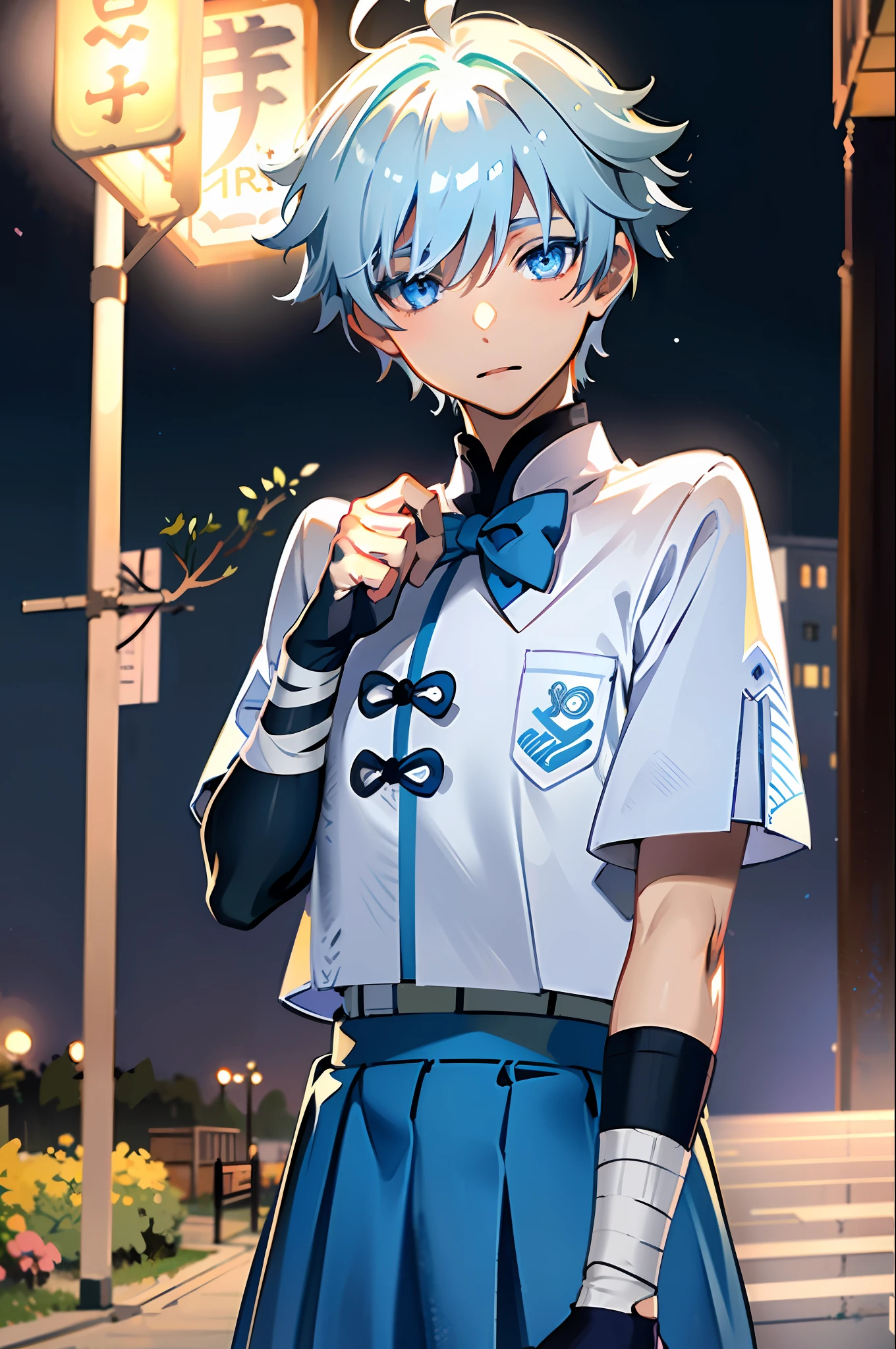 (8k, RAW photo, best quality, masterpiece:1.3),(realistic,photo-realistic:1.37),(night),(looking at viewer:1.331),(white hair),posing,Tokyo street,nightcityscape,1boy, extremely beautiful face,bust,put down hands,Random hairstyle,Random expression,big eyes, ,lower abdomen,(short-sleeved
JK_shirt),JK_style,(JK_skirt) ,(bow JK_tie),mix4, , (school uniform:1.5), chongyun_(genshin impact),light blue hair,cute face,upper body,chongyun (genshin impact), 1boy, mature male, solo, blue eyes, blue hair, gloves, ahoge