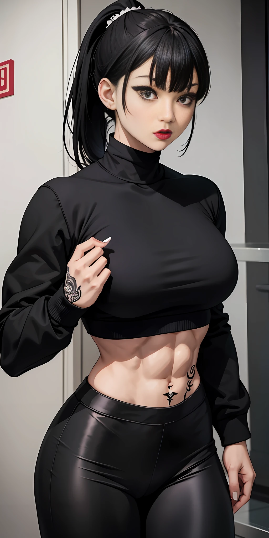 Boy, Asian, , adult, tattoo, lipstick, gothic, girl face, serious face, , black hair (ponytail with bangs),perfect body, fit body, muscular, leggings, big sweatshirt