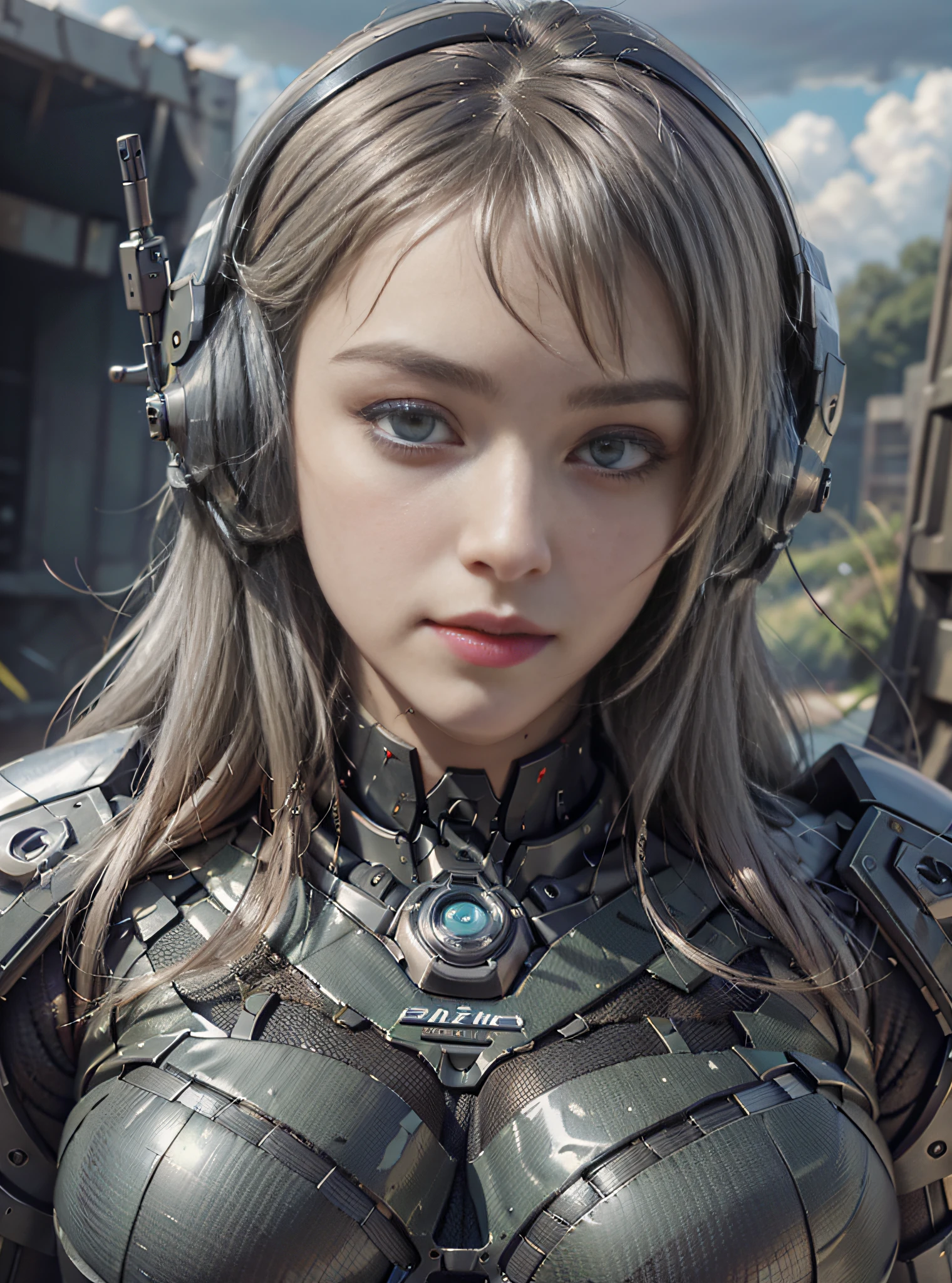 8K, Best Quality, Masterpiece, Ultra High Resolution, (Realism: 1.4), Girl Futuristic Battle Suit, Green Pupils, In the cockpit of a mecha, Cloudy background, Dark Clouds, Lightning, Background of Air Battlefield, Falling Airplane, Flying Anti-Aircraft Missiles, Exploding Flames, Mechanically Built Birds, Real Woman, Cleavage, Real Face, Cute Girl, Smile, Perfect Cyborg Girl, Wearing Sci-Fi Headphones, Beautiful Female , Beautiful Girl Cyborg, Silver Hair, Manipulator, CG ，