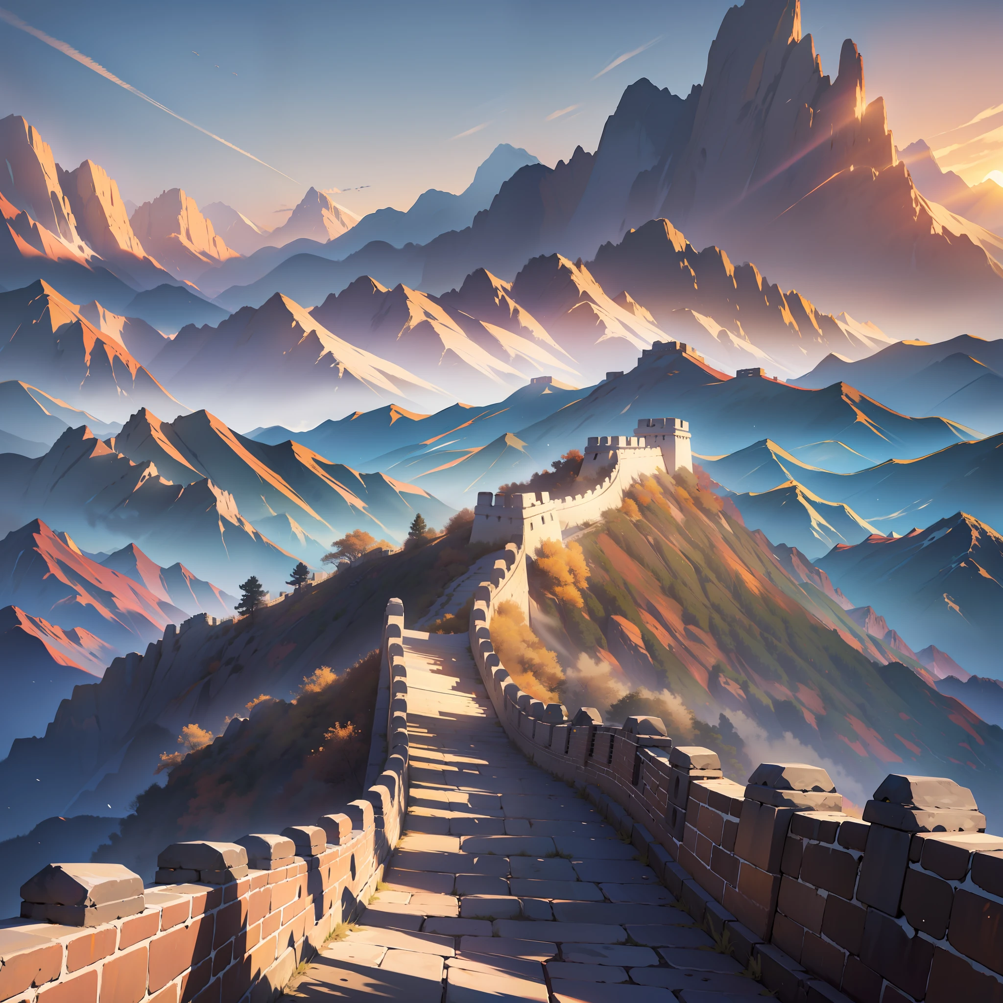 1man, Great Wall, mountains,sunset, warm light, long shadows, distant clouds,(looking towards mountains), [distant mountains], [long shadows], (dramatic effect),[wide view], (panoramic shot), [landscape]