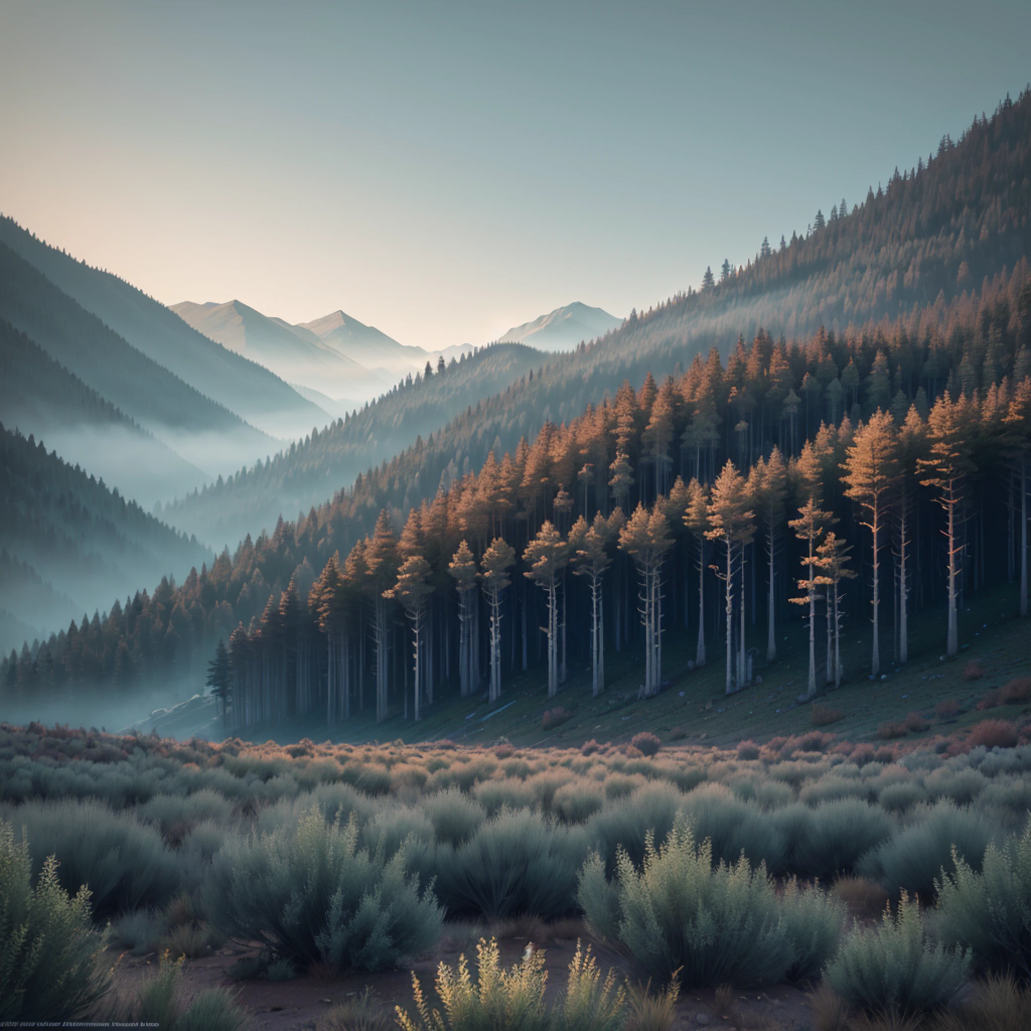 Create a desolate landscape of valley and mountains, shrouded in thick fog, with few rays of sun, with twisted trees and thick trunks, and undergrowth reminiscent of grass and grass, in an ultra-realistic landscape, with dead colors, 4k, cinematic lighting, natural lighting, film grain, cinematic lighting, high detail, photoreal, photorealistic, volumetric lighting and shading --auto --s2