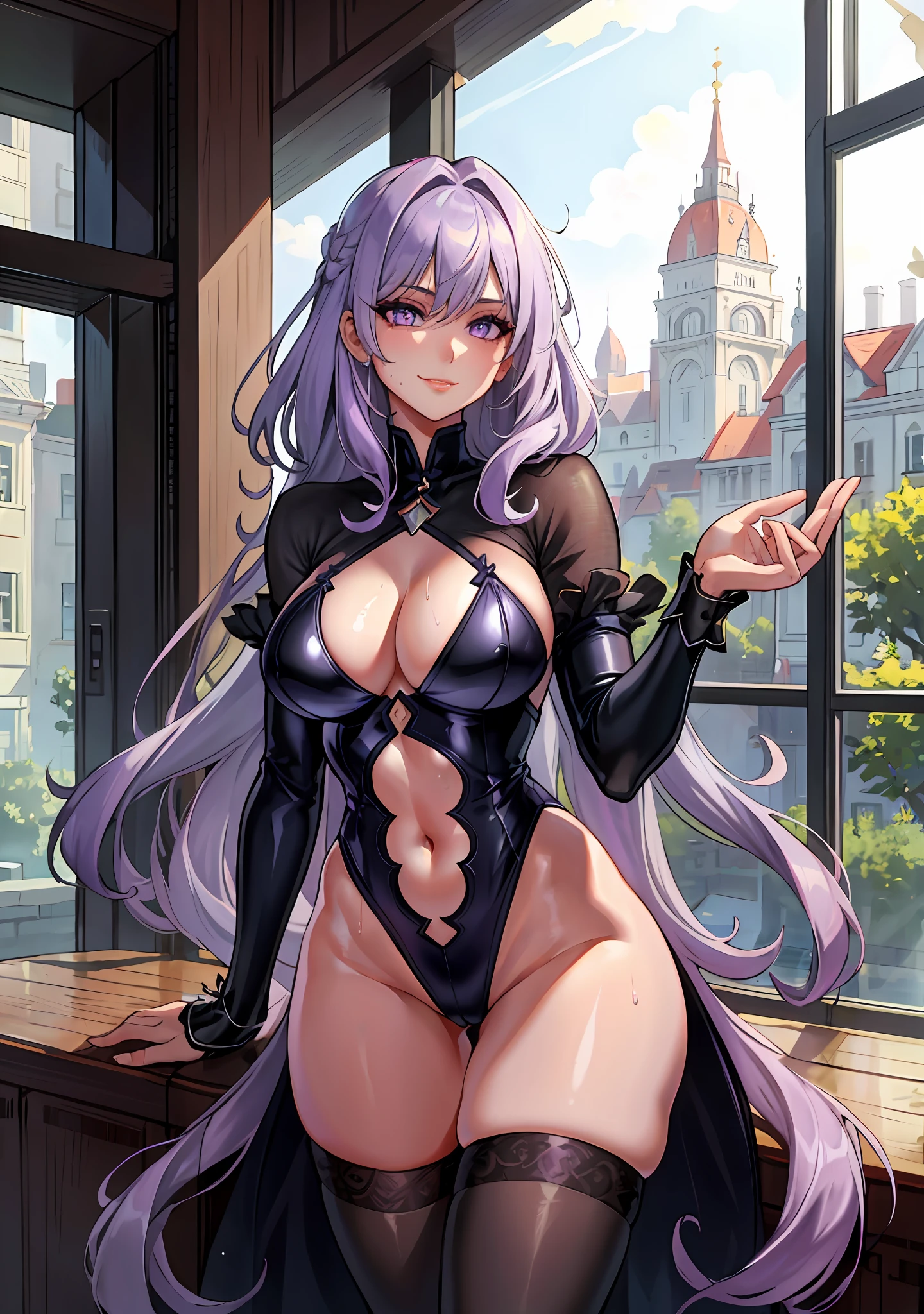 1 girl, sweat, (masterpiece, best quality, high quality, high resolution: 1.4), detailed, extremely detailed, ambient soft light, 4K, indoor, modern, room, window, night, dark, 1 girl, (solo: 1.4), (mature,: 1.4), standing, dynamic sexy pose, nude, seduction, long hair, (gray hair: 1.4), transparent lingerie, (purple hair: 1.2), extra long hair, flowing hair, messy hair, straight hair, (big eyes, purple eyes: 1.2 ), Look at the audience, smile, wet, see-though, (Undershirt:1.2), Covered Nipples, (White Thighhighs:1.2), Bottomless, Open Shirt, Curvy, (Thick Thighs, Skindentation:1.2), Medium breasts, cat, puffy, nsfw