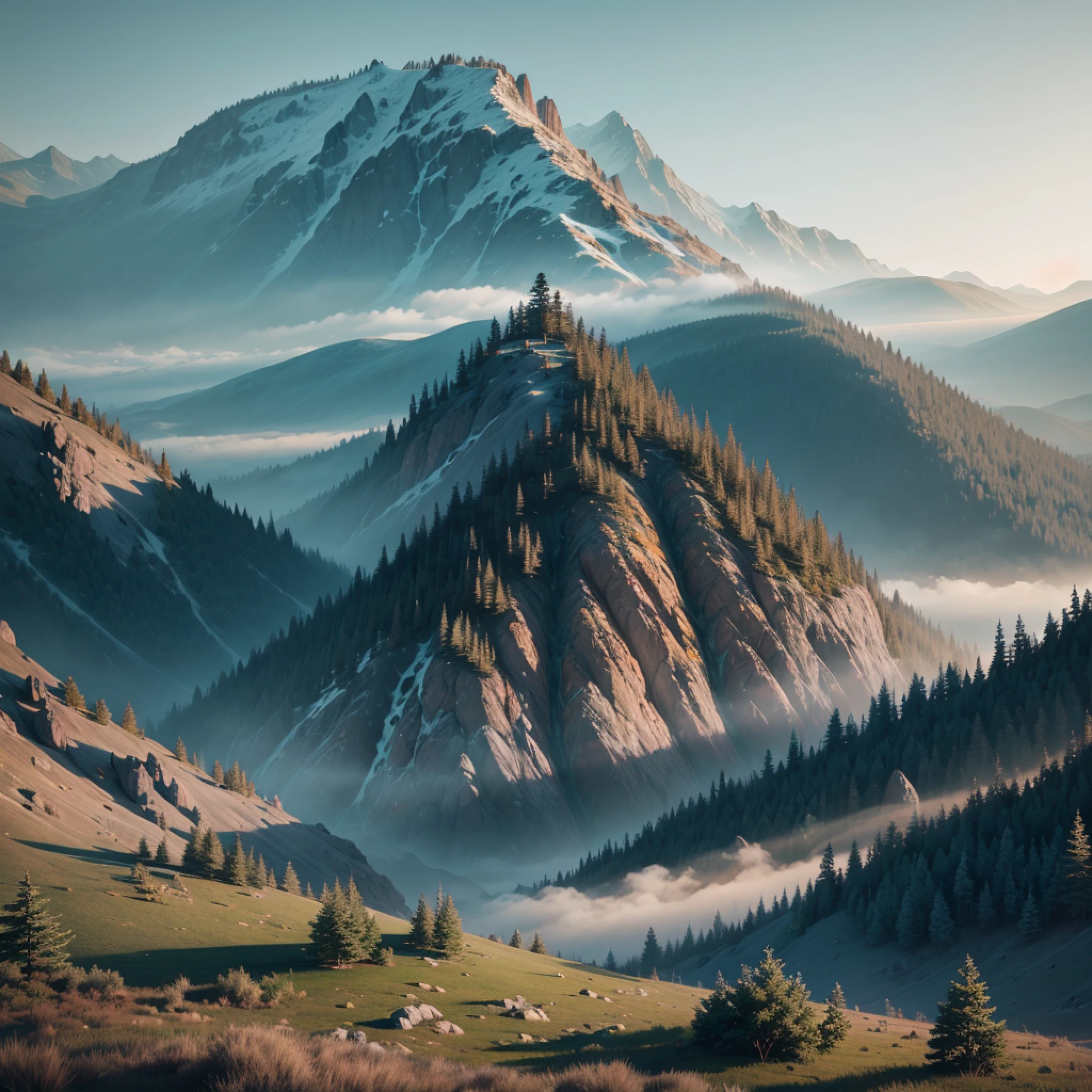 Create a desolate landscape of valley and mountains, shrouded in thick fog, with few rays of sun, with twisted trees and thick trunks, and undergrowth reminiscent of grass and grass, in an ultra-realistic landscape, with dead colors, 4k, cinematic lighting, natural lighting, film grain, cinematic lighting, high detail, photoreal, photorealistic, volumetric lighting and shading --auto --s2