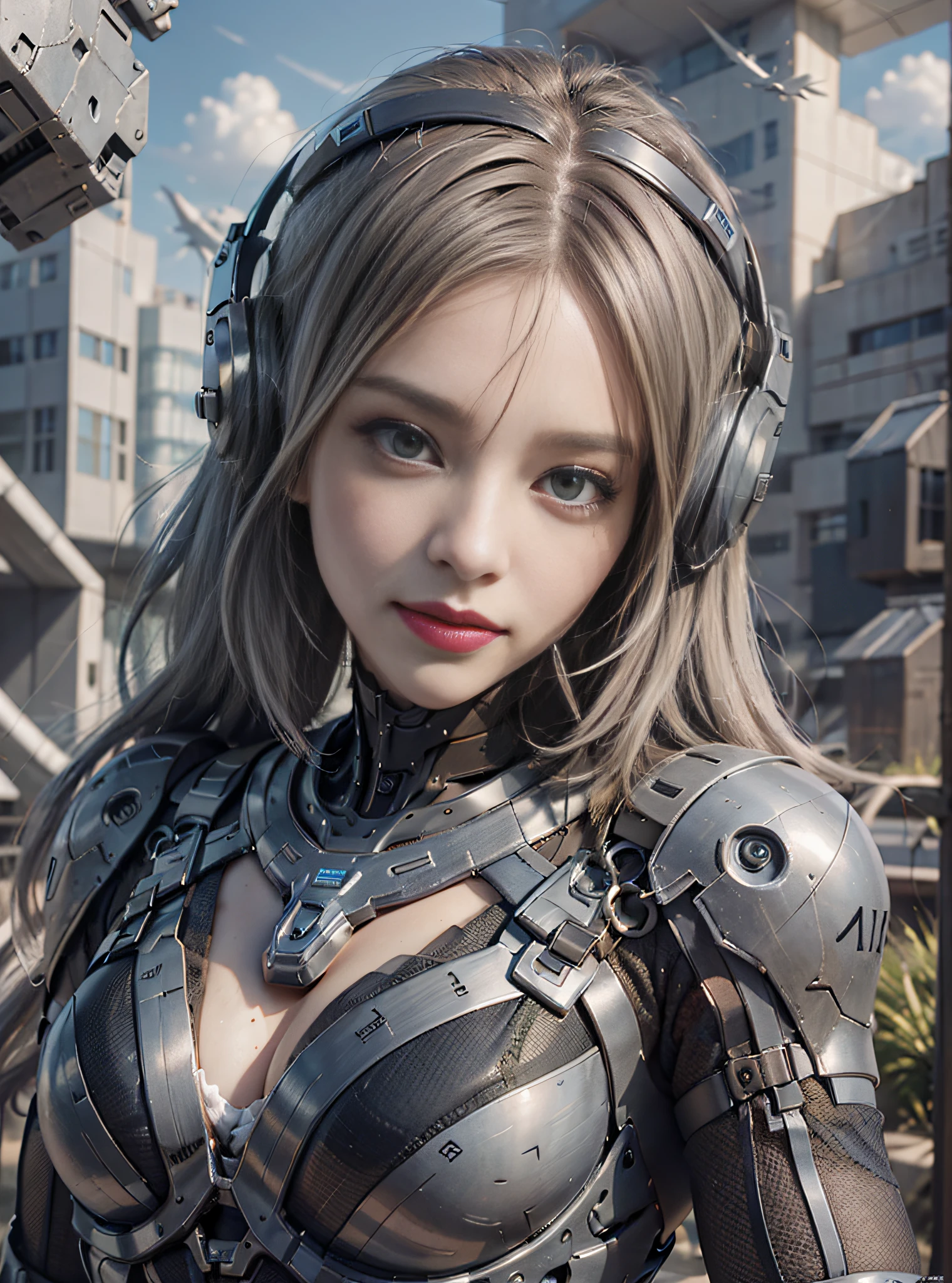 8K, Best Quality, Masterpiece, Ultra High Resolution, (Photoreal: 1.4), Girl Futuristic Combat Suit, Green Electronic Pupils, In the Cockpit, Cloudy, Cloudy, Lightning, Air Combat, Falling Airplane, Anti-aircraft Missile, Mechanically Built Bird, Real Woman, Cleavage, Real Face, Cute Girl, Smile, Perfect Cyborg Girl, Wearing Sci-Fi Headphones, Beautiful Female , Beautiful Girl Cyborg, Silver Hair, Manipulator, CG,
