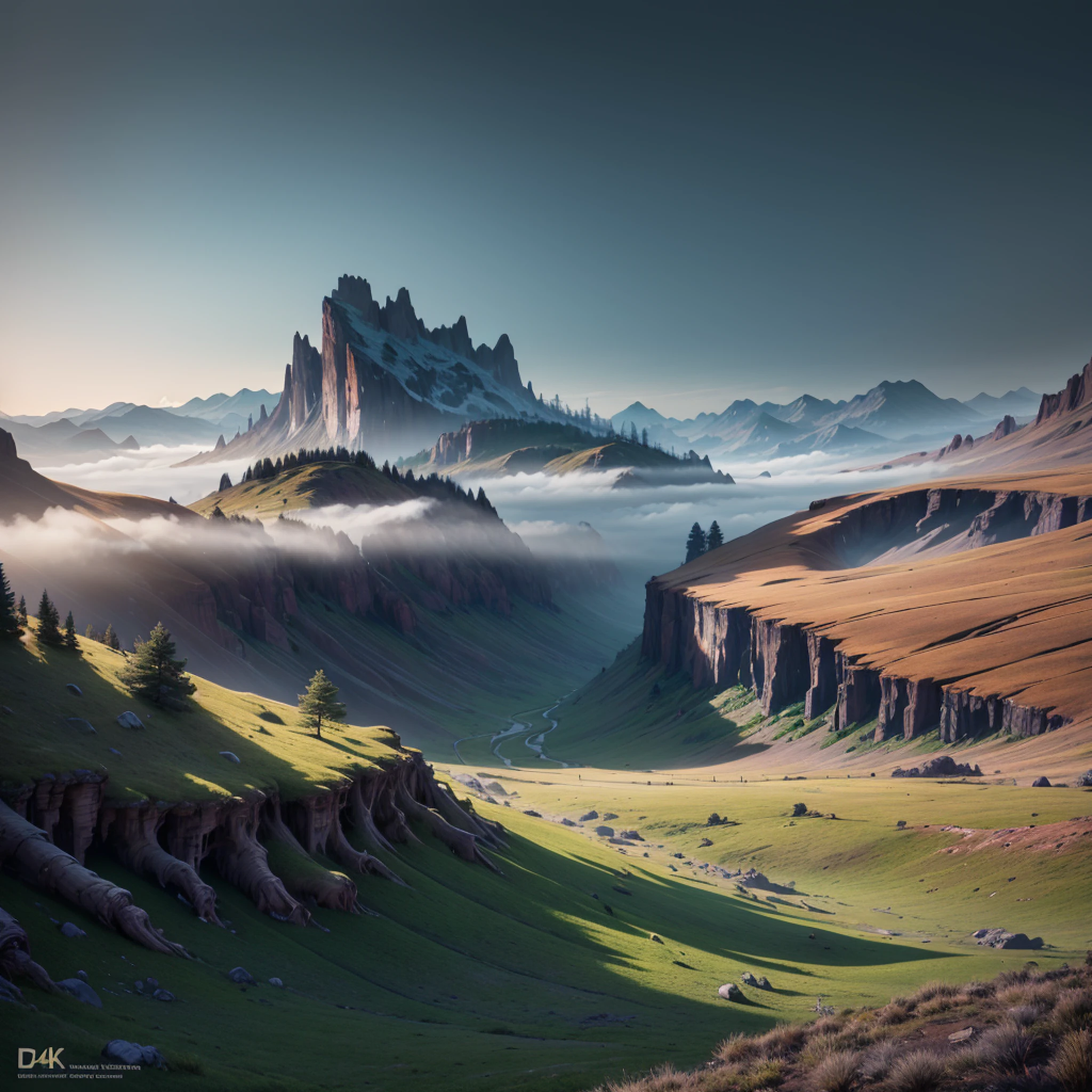Create a desolate landscape of valley and mountains, shrouded in thick fog, with few rays of sun, with twisted trees and thick trunks, and undergrowth reminiscent of grass and grass, in an ultra-realistic landscape, with dead colors, 4k, cinematic lighting, natural lighting, film grain, cinematic lighting, high detail, photoreal, photorealistic, volumetric lighting and shading --auto --s2