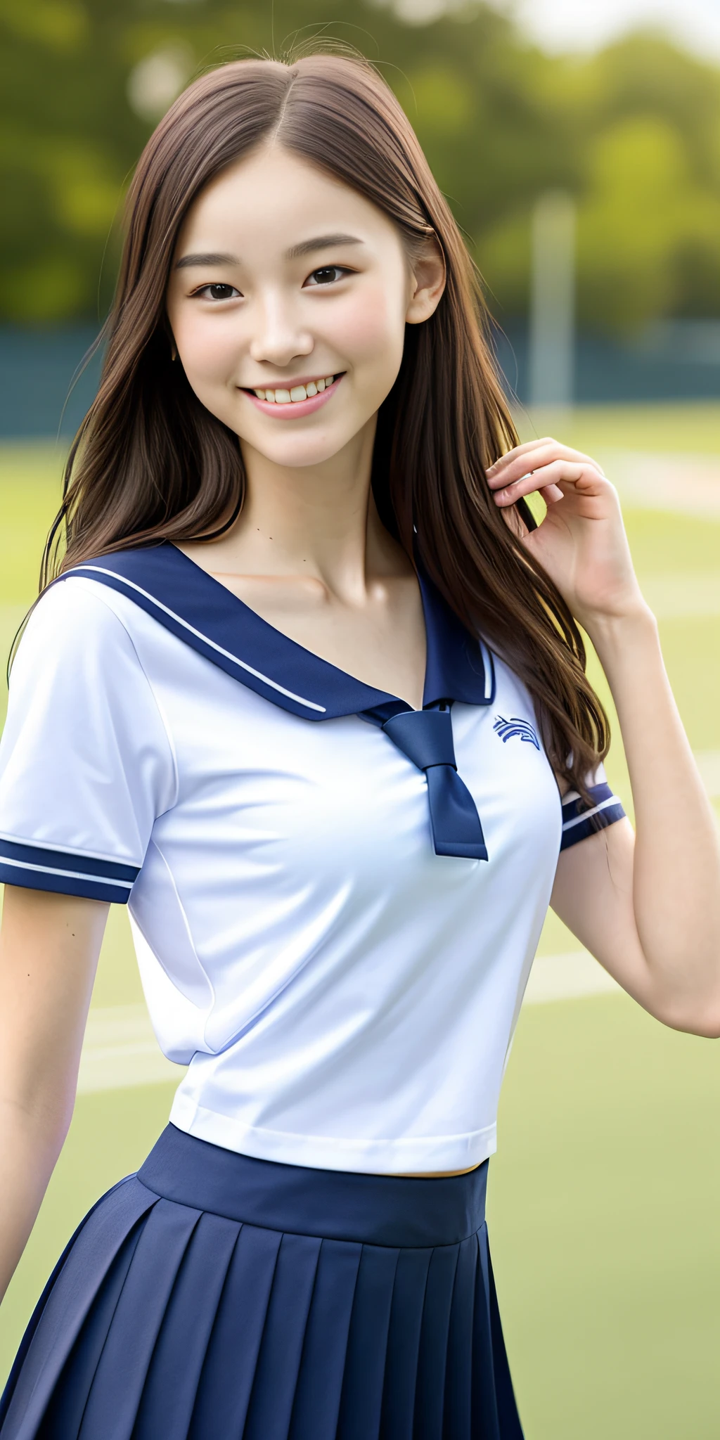 neat college girl, petite, (school uniform, summer clothes, short sleeves), outside the athletic field, (slim), photorealistic, detail, skin texture, ultra detail, delicate and sexy collarbone, smile, super detailed face, detailed lips, detailed eyes, breast emphasis
