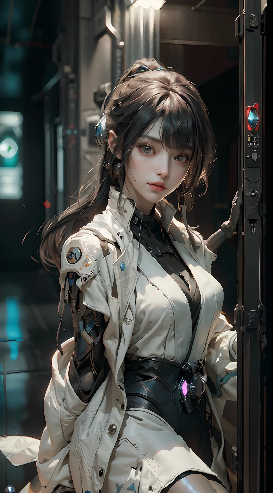 ((Best quality)), ((masterpiece)), (detailed:1.4), 3D, an image of a beautiful cyberpunk female,HDR (High Dynamic Range),Ray Tracing,NVIDIA RTX,Super-Resolution,Unreal 5,Subsurface scattering,PBR Texturing,Post-processing,Anisotropic Filtering,Depth-of-field,Maximum clarity and sharpness,Multi-layered textures,Albedo and Specular maps,Surface shading,Accurate simulation of light-material interaction,Perfect proportions,Octane Render,Two-tone lighting,Wide aperture,Low ISO,White balance,Rule of thirds,8K RAW,