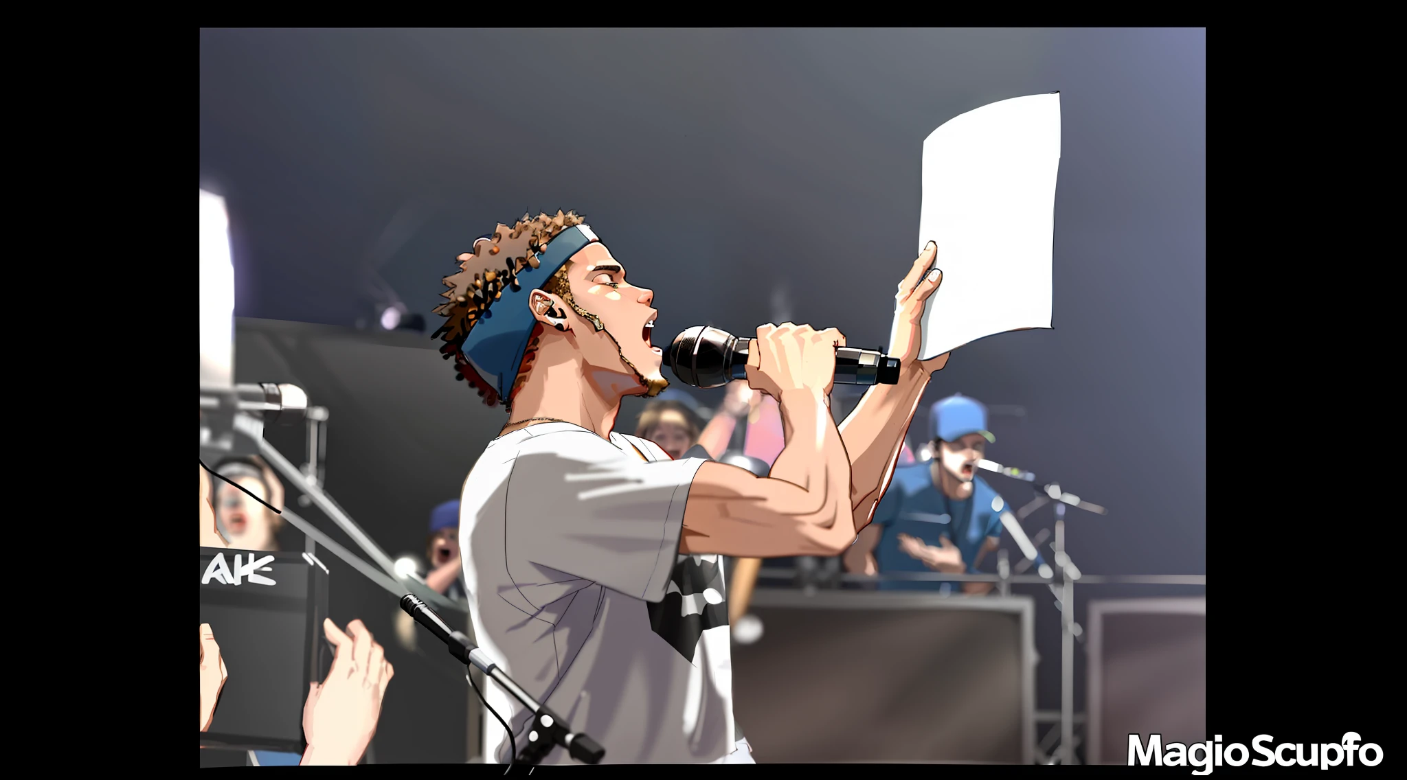 a close up of a person holding a microphone and a sheet of paper, rapping into microphone, concert footage, in a white tank top singing, spit flying from mouth, live footage, performing, battle rap, performing on stage, big head on stage, crowd cheers him, headbanging, rapping, youtube video screenshot, screaming in agony, pv, live performance