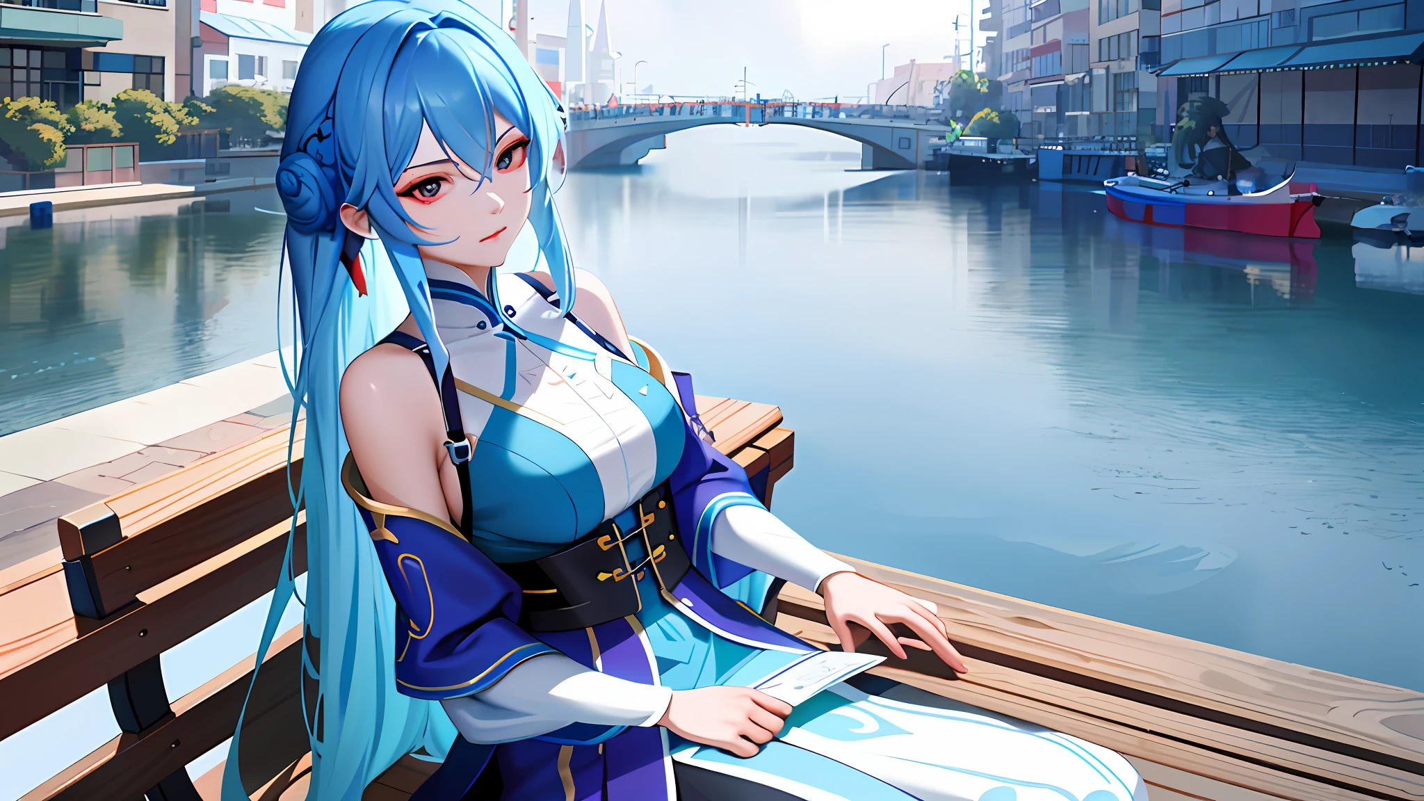 a close up of a woman with long blue hair sitting on a bench, inspired by Yanjun Cheng, ross tran 8 k, artwork in the style of guweiz, in the style of ross tran, ig model | artgerm, inspired by Ross Tran, by Yanjun Cheng, trending on cgstation, guweiz on artstation pixiv