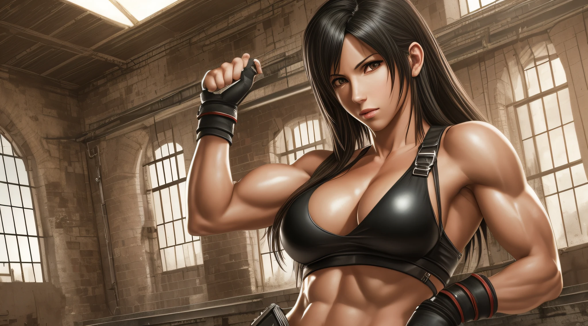 (Tifa Lockhart in Hyper-realism style, best quality, lots of detail, final fantasy game environment, Featured pose of muscular abdomen, 1 woman, 4k resolution, hypermuscles, bikini