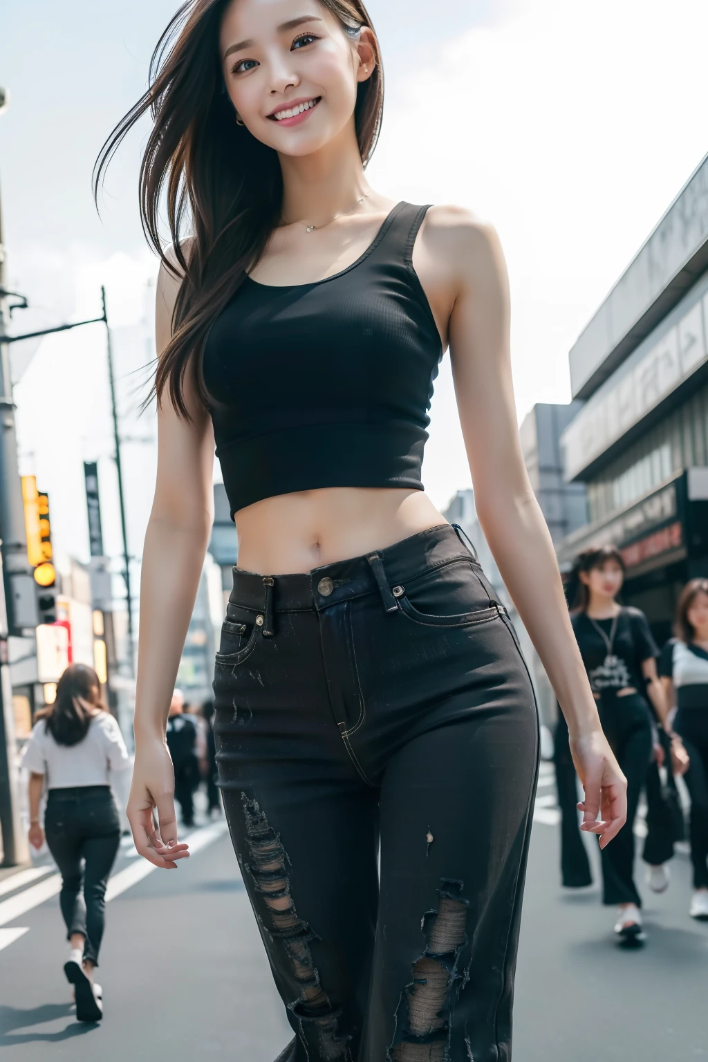 best quality, masterpiece, ultra high res, 8K, raw, (photo realistic:1.4), professional lighting, low angle, 1 girl, (detailed background:1.5), tokyo shibuya street, full body, slender, dynamic pose, cute, smile, tiny breasts, detailed clothes, crop_top, (black, destroy, wide Leg pants:1.3)