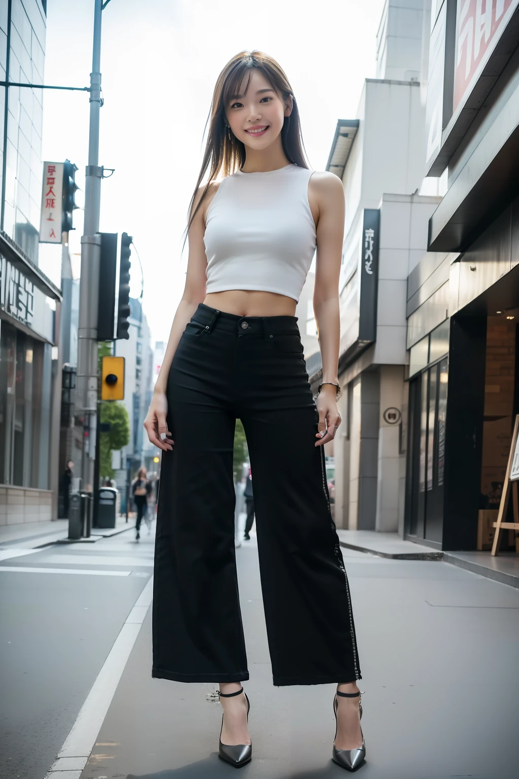 best quality, masterpiece, ultra high res, 8K, raw, (photo realistic:1.4), professional lighting, low angle, 1 girl, (detailed background:1.5), tokyo shibuya street, full body, slender, dynamic pose, cute, smile, tiny breasts, detailed clothes, crop_top, (black, destroy, wide Leg pants:1.3)