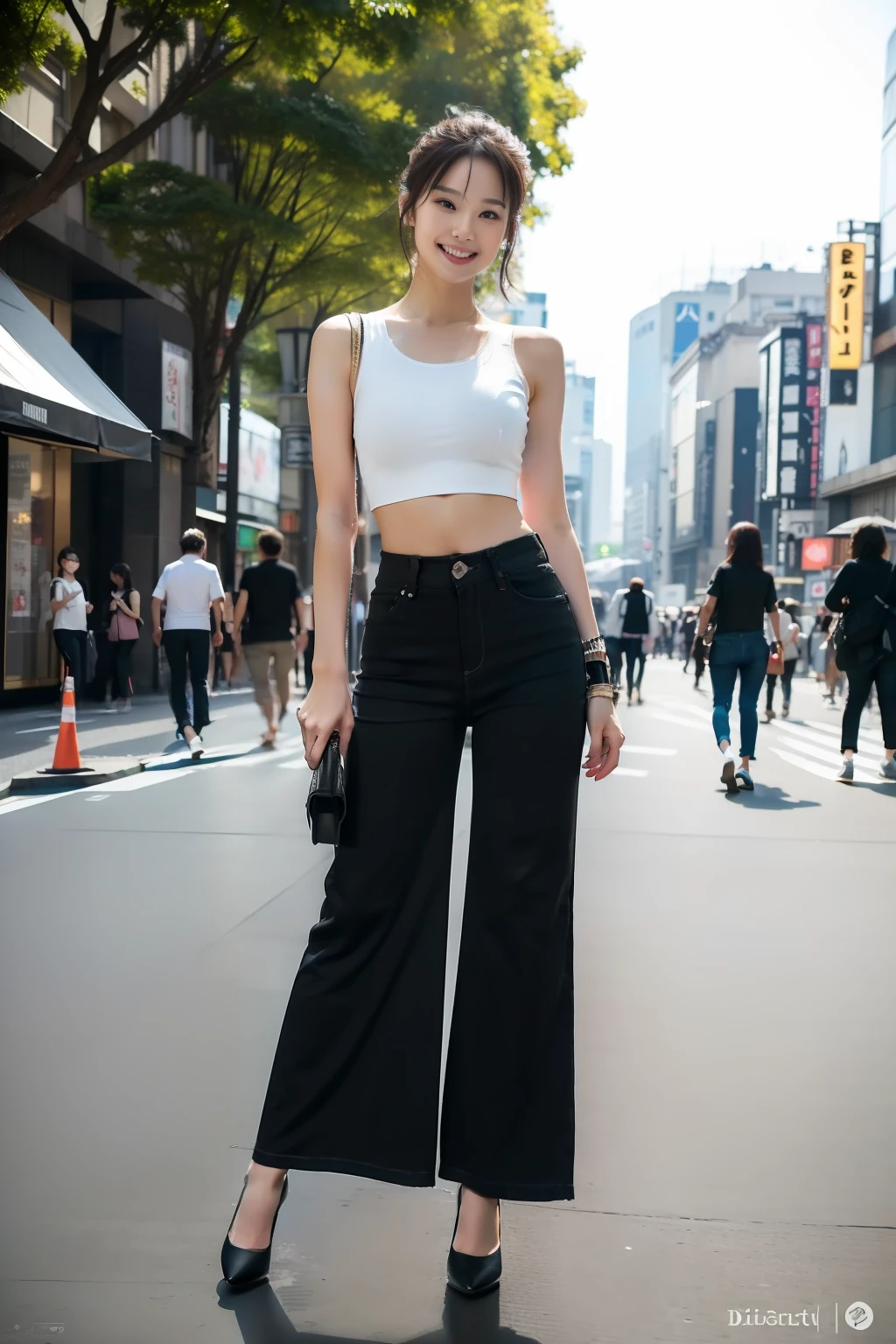 best quality, masterpiece, ultra high res, 8K, raw, (photo realistic:1.4), professional lighting, low angle, 1 girl, (detailed background:1.5), tokyo shibuya street, full body, slender, dynamic pose, cute, smile, tiny breasts, detailed clothes, crop_top, (black, destroy, wide Leg pants:1.3)