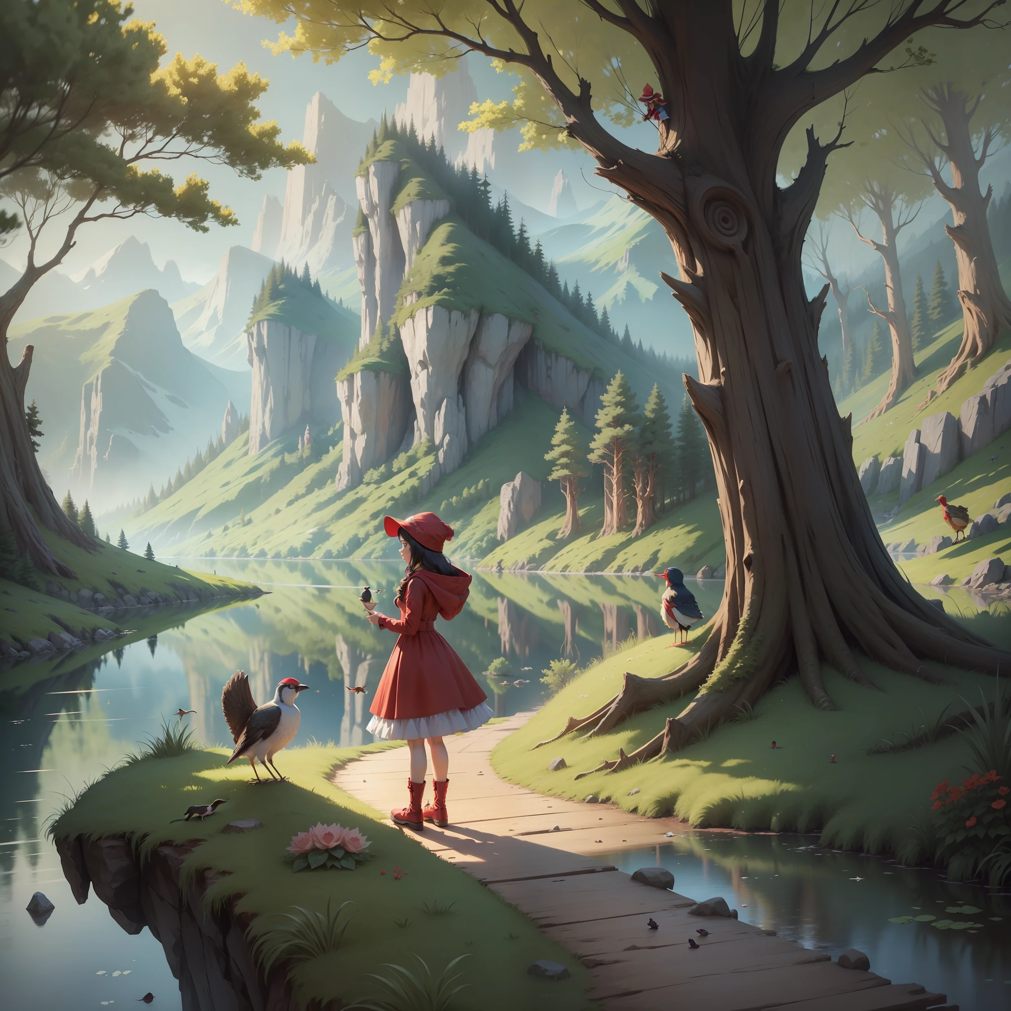 a princess in a red hat and hood in a forest with many birds and wild animals with a lake in the background of the 8k Disney style cartoon sets --auto --s2