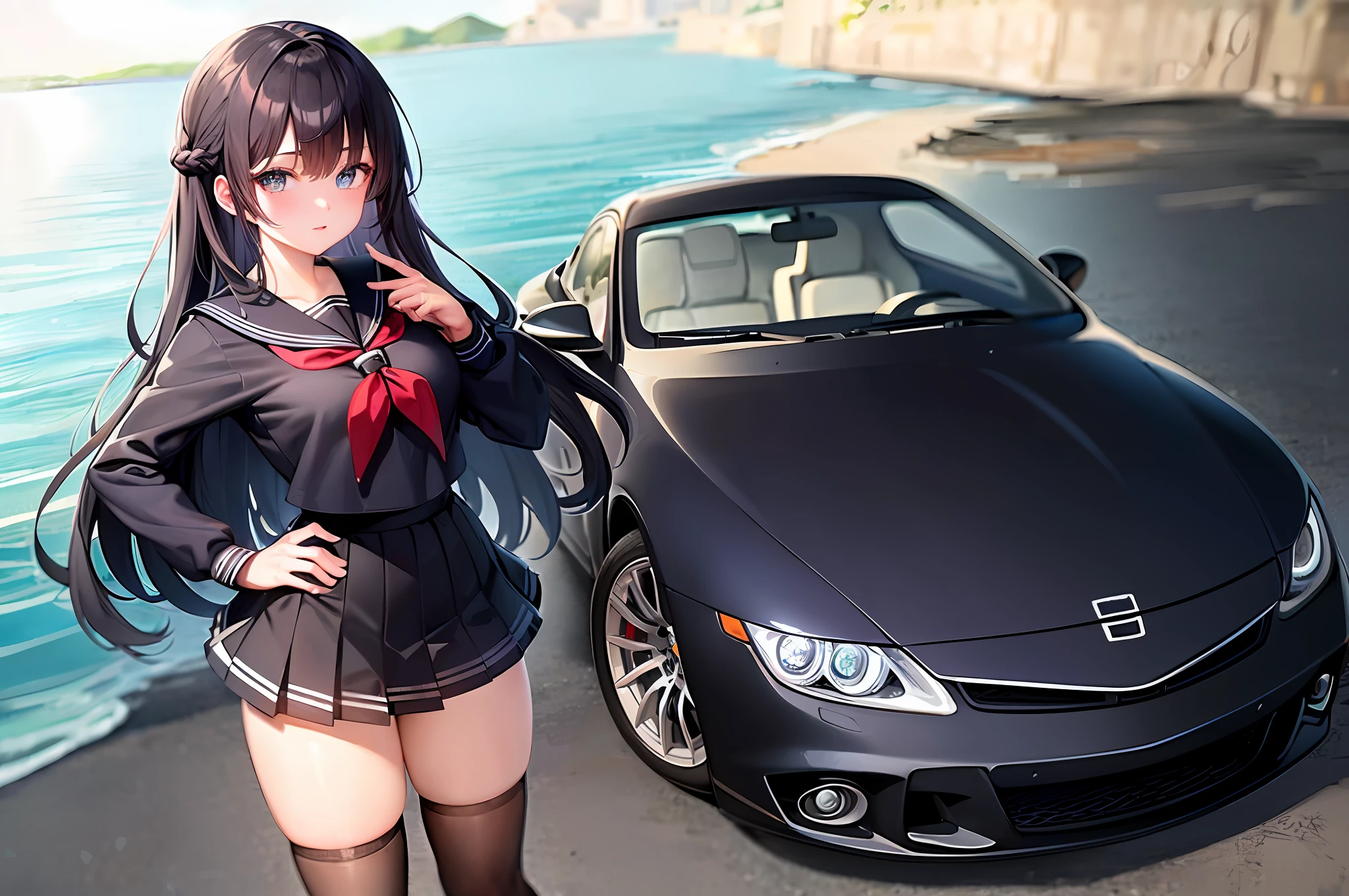 ((masterpiece, best quality)),extremely_detailed_wallpaper, illustration,1girl,(girl:1),standing, solo, (fullbody),(((girl stand in front of car))), ((blue)),sidelocks, aqua eyes, bangs, hair between eyes, looking at viewer, long sleeves,bright,beautiful detailed sky,light,ocean,(((seaside))),(((aqua water))),outdoors, black sailor collar, black serafuku, long hair, black hair, black thighhighs, Pleated skirt,