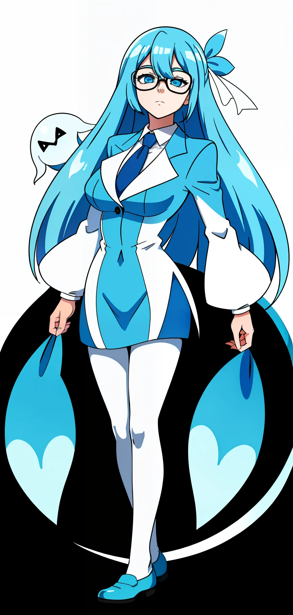 [minus8 Pacman ghost; Inky], ((High definition)), ((detailed shading)), ((beautiful solo portrait)), ((full body)), {attractive office woman, (pacman ghost; inky), long straight cyan hair, (blue eyes; white sclera), (expressionless; half closed eyes), slim square glasses, cyan dress, pale blue jacket, blue pantyhose, cyan blue loafers}, (plain white background)
