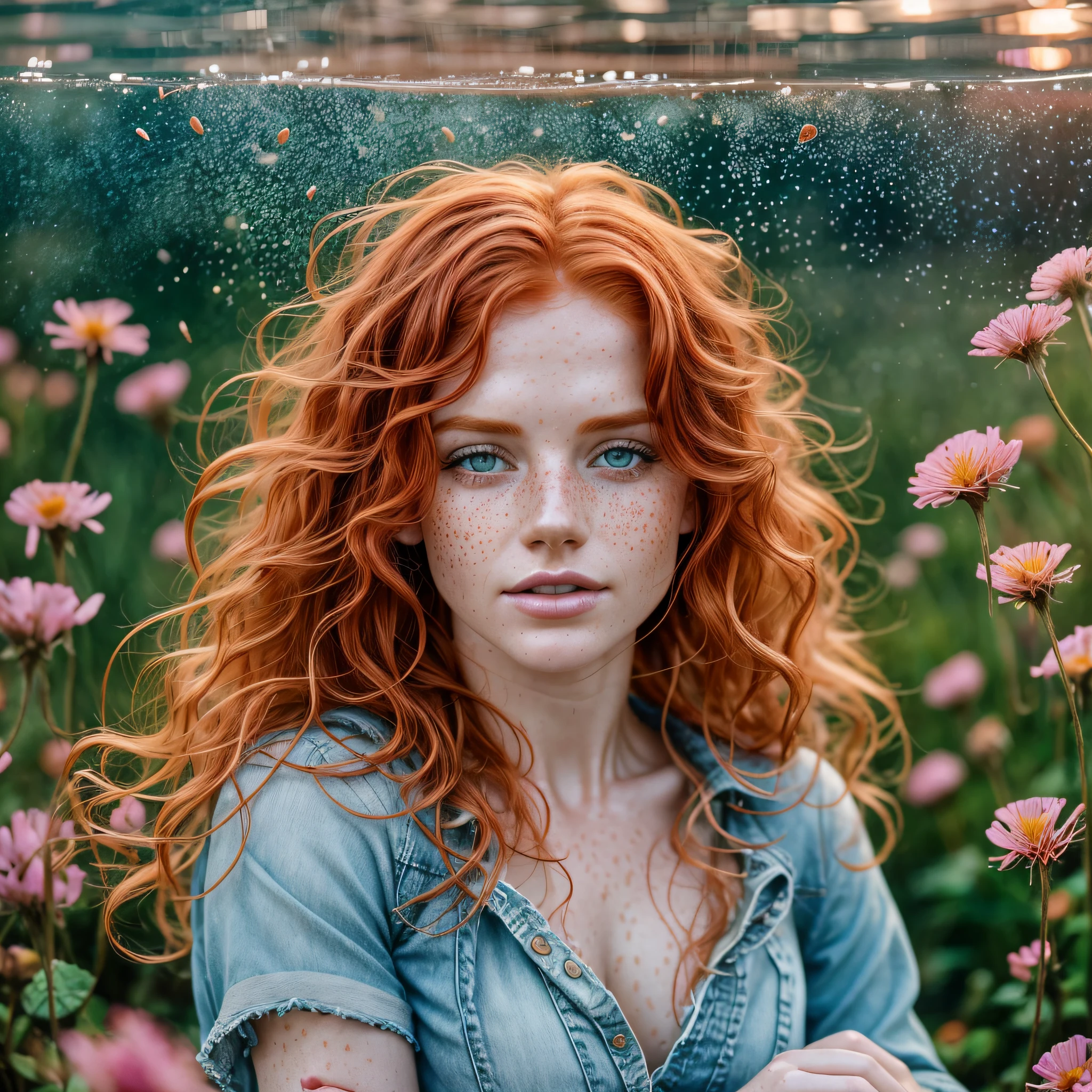 hyperrealistic redhead, irish, Gorgeous sexy beautiful realistic woman with freckly breasts, ripped wet jeans and threads, underwater in her thirties on field with cotton and roses, with freckles and blonde curls and skindetails during golden hour, skin with beautiful nostalgic mood and freckles with emotive face with wet skin and petals falling and dandelion seeds flying and dramatic light play --auto --s2