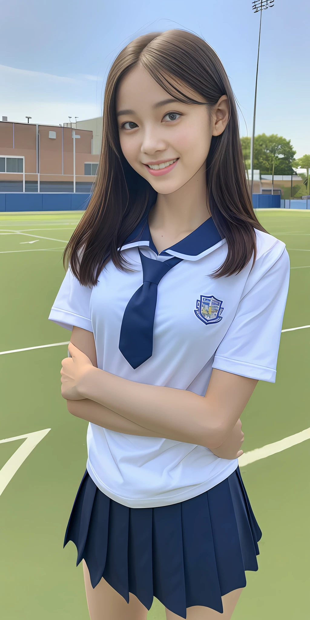 neat college girl, petite, (school uniform, summer clothes, short sleeves), outside the athletic field, (slim), photorealistic, detail, skin texture, ultra detail, delicate and sexy collarbone, smile, super detailed face, detailed lips, detailed eyes, breast emphasis