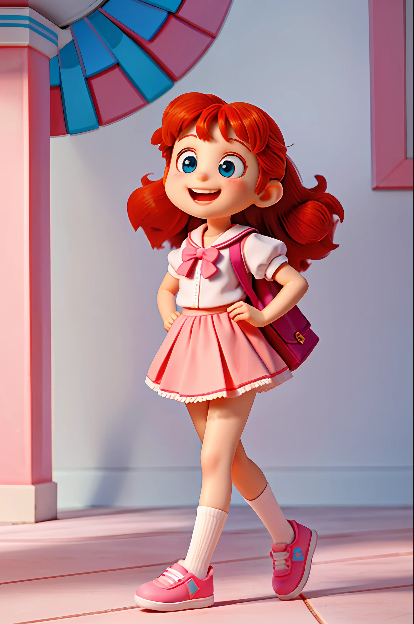 High Detail, Ultra Detail, Ultra High Resolution, a cute and innocent girl, child, long red hair, walking in the city, white sailor shirt, pink skirt, pink backpack on the back, small pink shoes, wide and cheerful smile, bright blue sky