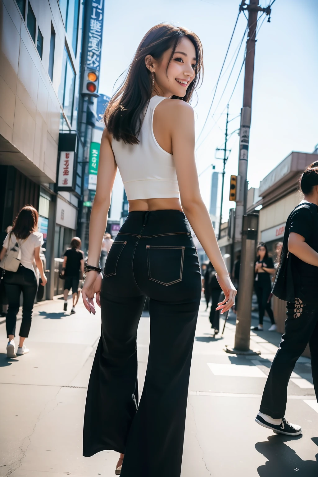 best quality, masterpiece, ultra high res, 8K, raw, (photo realistic:1.4), professional lighting, back shot, 1 girl, (detailed background:1.5), tokyo shibuya street, full body, slender, dynamic pose, cute, smile, tiny breasts, detailed clothes, crop_top, (black, destroy, wide Leg pants:1.3)