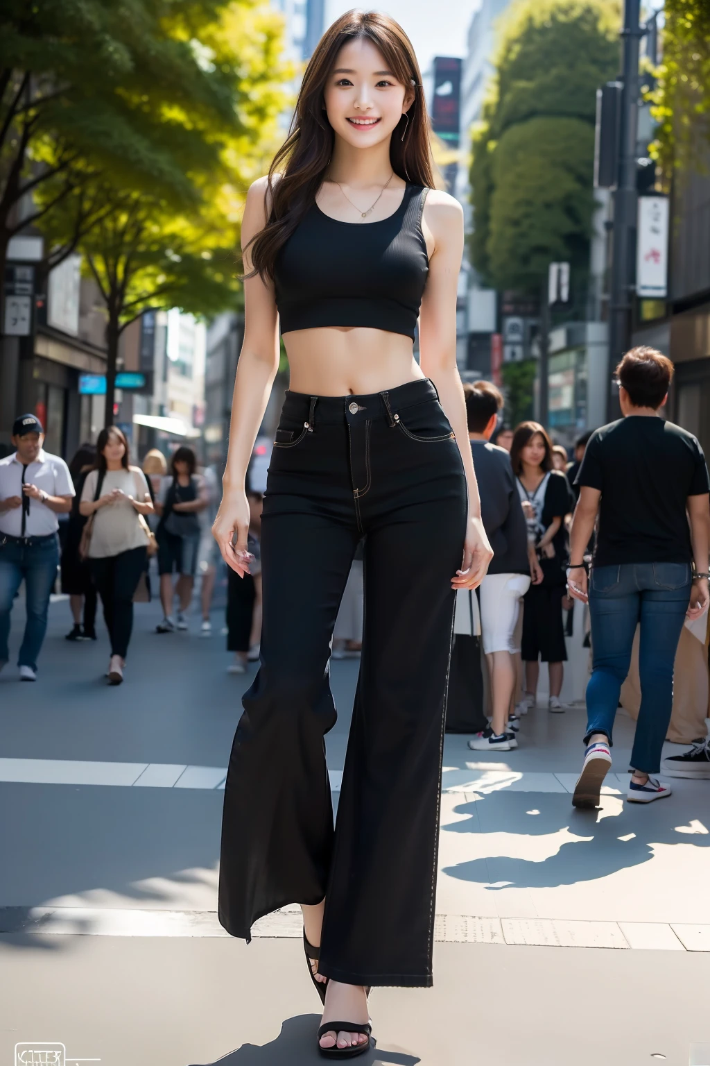 best quality, masterpiece, ultra high res, 8K, raw, (photo realistic:1.4), professional lighting, back shot, 1 girl, (detailed background:1.5), tokyo shibuya street, full body, slender, dynamic pose, cute, smile, tiny breasts, detailed clothes, crop_top, (black, destroy, wide Leg pants:1.3)