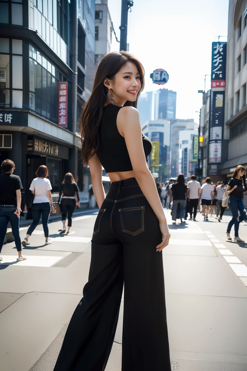 best quality, masterpiece, ultra high res, 8K, raw, (photo realistic:1.4), professional lighting, back shot, 1 girl, (detailed background:1.5), tokyo shibuya street, full body, slender, dynamic pose, cute, smile, tiny breasts, detailed clothes, crop_top, (black, destroy, wide Leg pants:1.3)