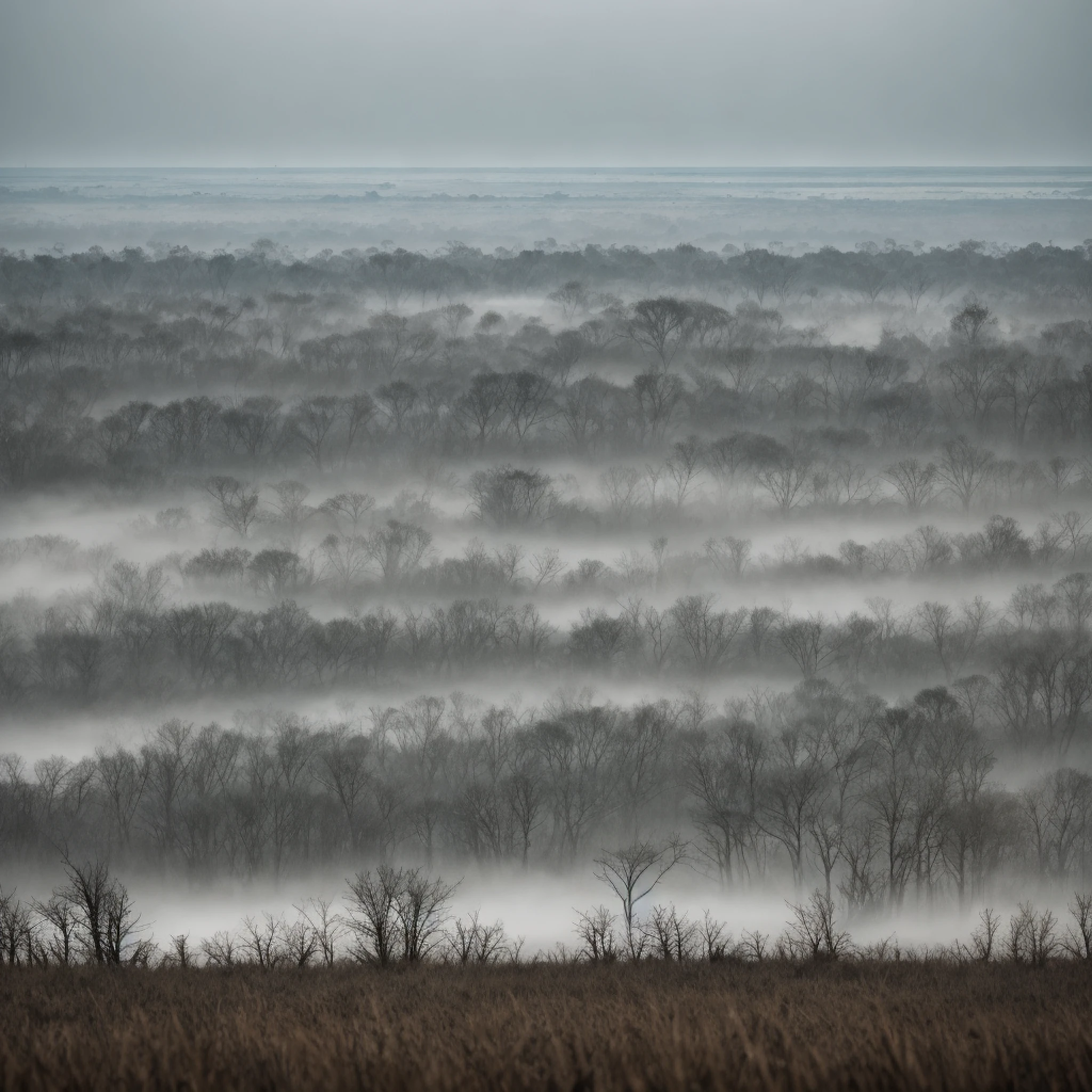 Create a desolate landscape, without light, as if shrouded in thick fog, with twisted trees and thick trunks, and a undergrowth reminiscent of grass and grass, lots of mud similar to a swamp, in an ultra realistic landscape, 4k, film grain, high detail, photoreal, photorealistic, with volume and shadow --auto --s2