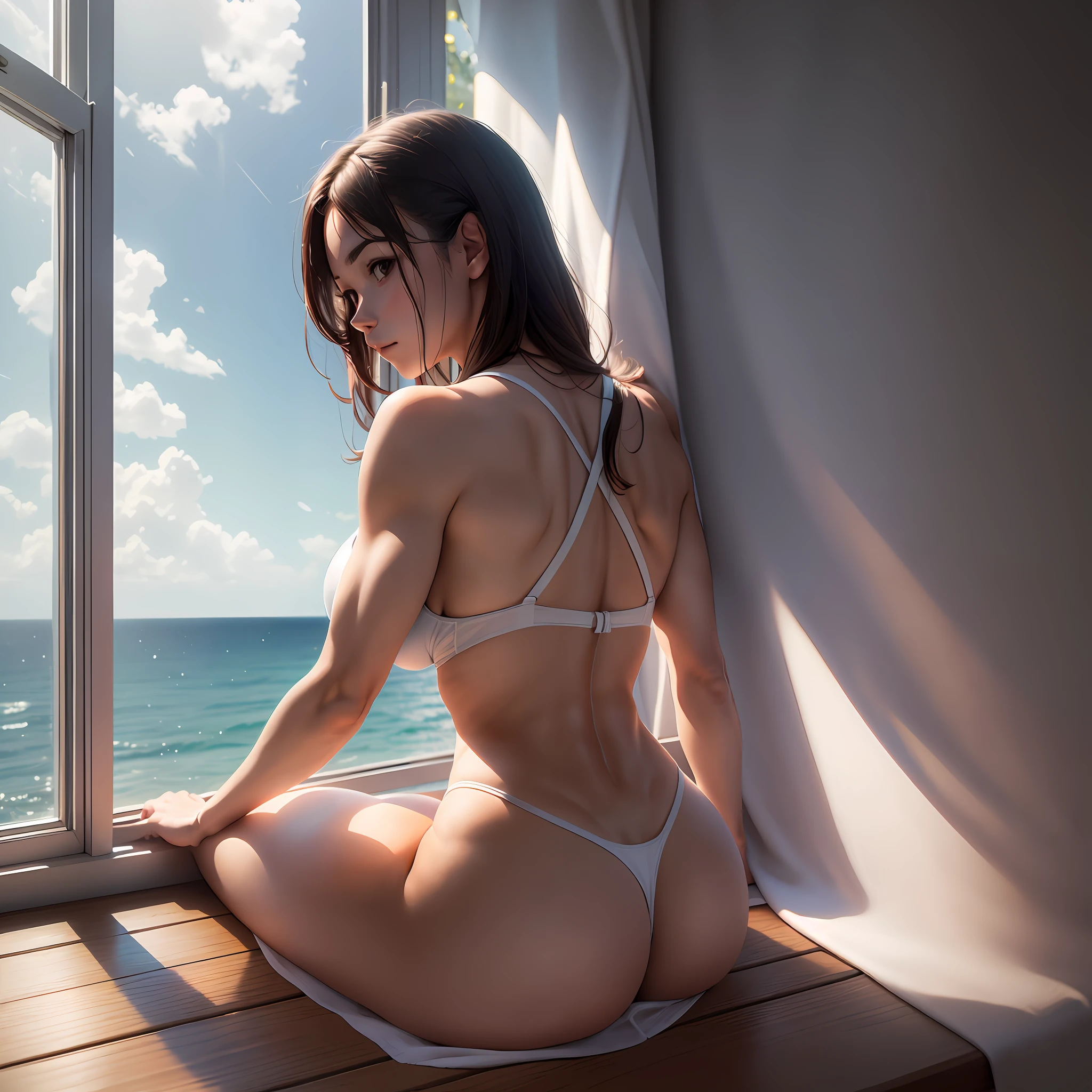 Professional photo, defined muscles, female back, girl sitting on her back on a wooden bench, back of a window overlooking the sea, large white curtain, sunlight, turned back, top, back with nothing, back view,