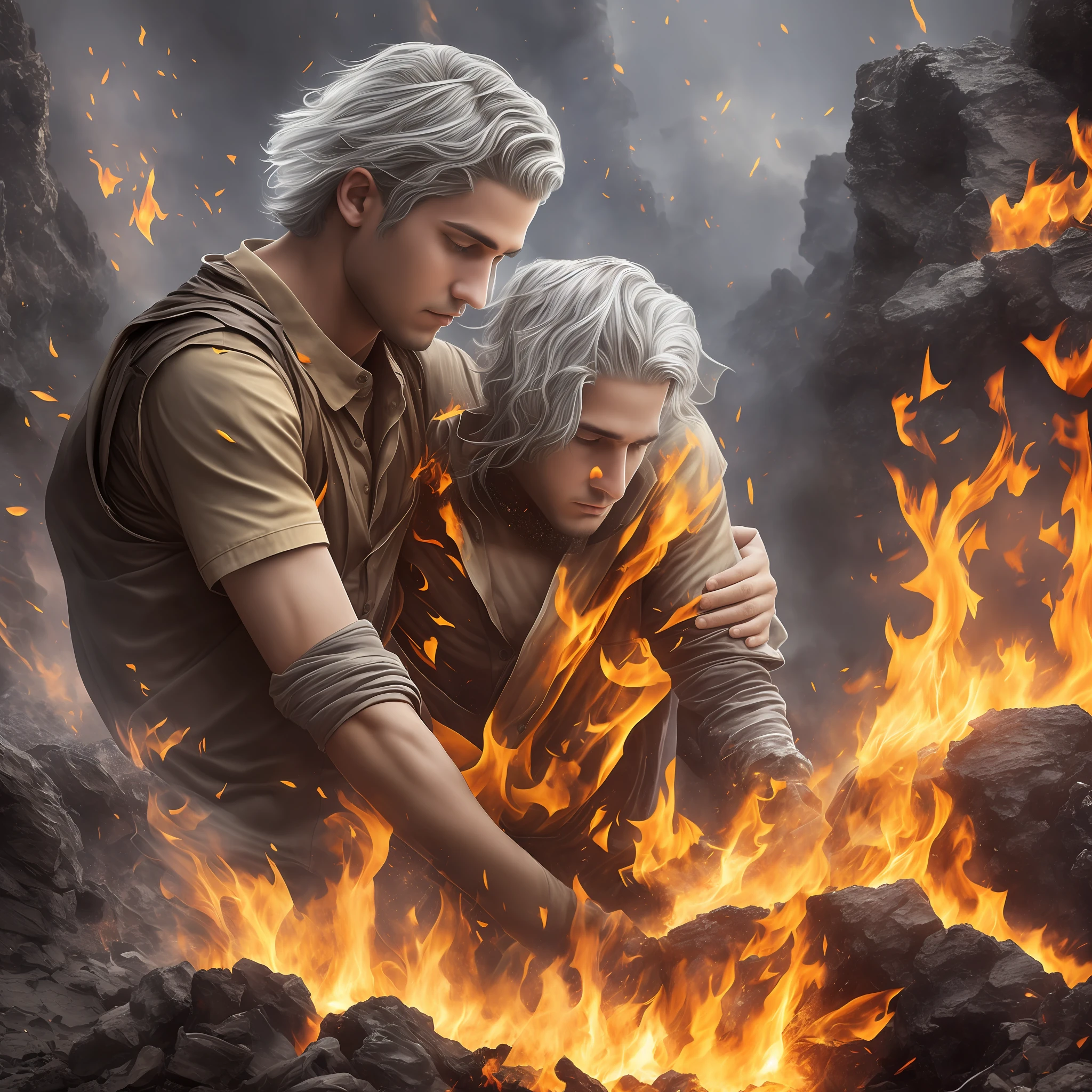 Drawing, fantasy, realism, high detail, duet of young men, cave, lava lake, (detailing, fire theme, fire particles, fiery wind, dynamic movement, fire, guy hugging shoulders, guy , (appearance detailing) light gray hair, yellow eyes, (eye detailing), dressed in a shirt (shirt on fire), shirt detailing), (fire detailing), pants (trousers covered with ashes), (trouser detailing), (clothing detailing), 8k --auto --s2