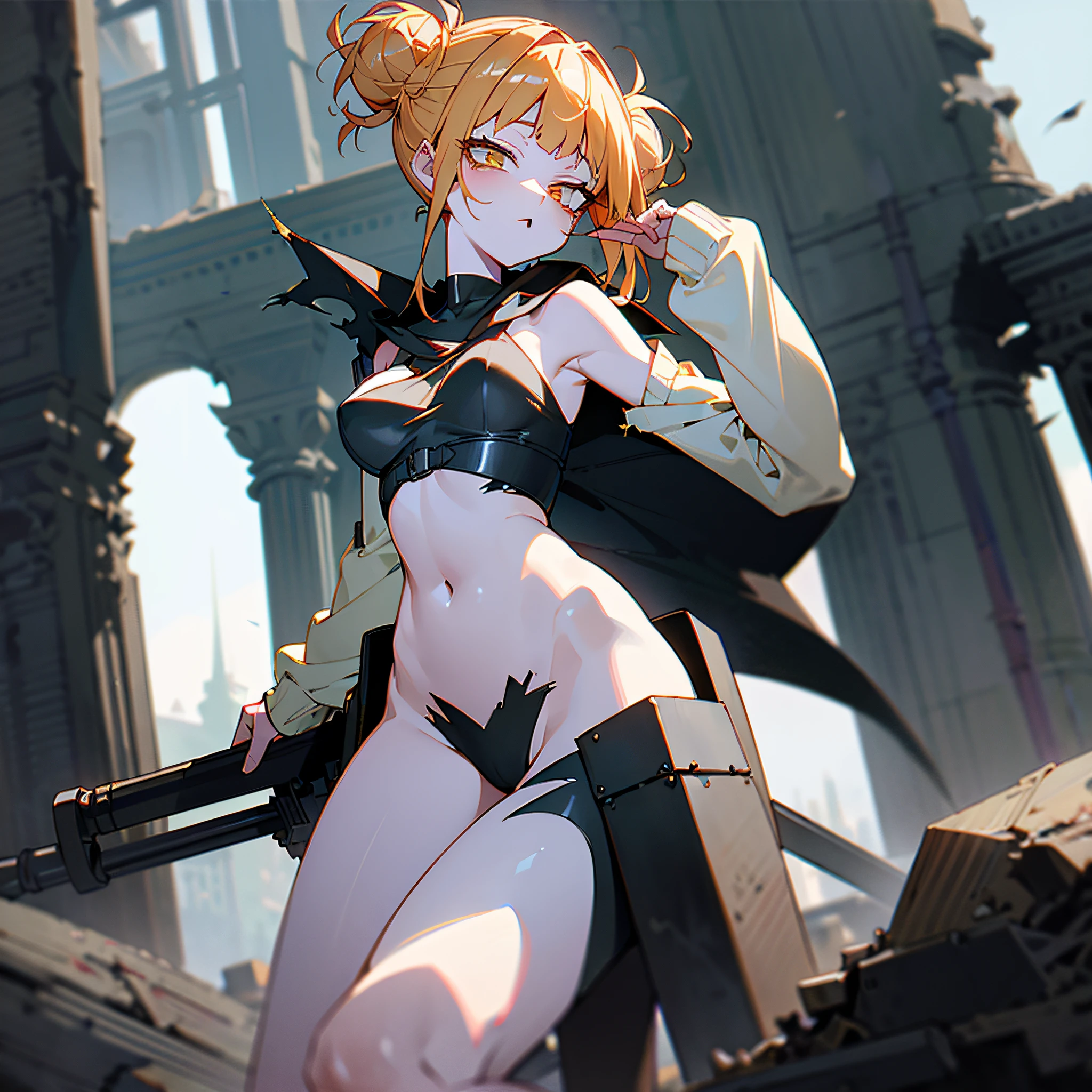 ((Best Quality)), ((Masterpiece)), (High Definition:1.3), 3D, Beautiful (Fantasy:1.3),Dynamic, Carrying a cloak, lower breasts, navel, slender, striking sharp eyes, shiny skin, torn suit, wounded, pagan temple, detailed ruins, shoulder-mounted weapons,