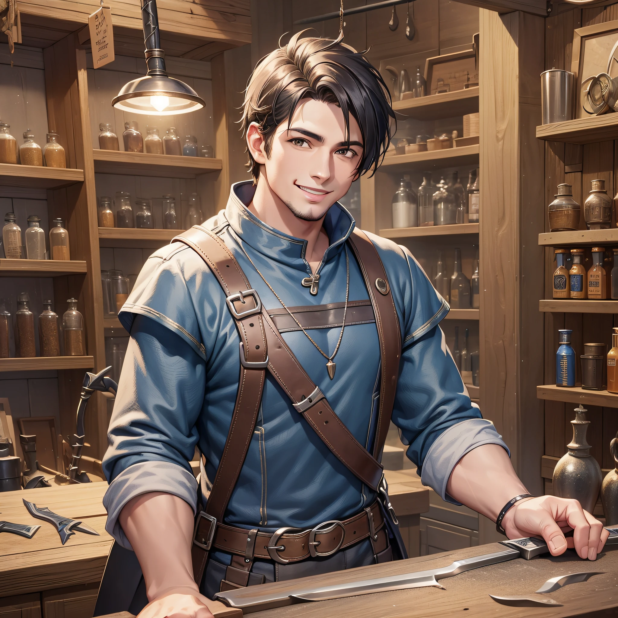 A young blacksmith salesman, smiling, trying to sell, in a weapon shop, behind the counter, axes and swords hanging on the wall, fantasy, weapon shop, cinematic, unreal engine 5, hyper realism, very detailed, sharp focus, high quality