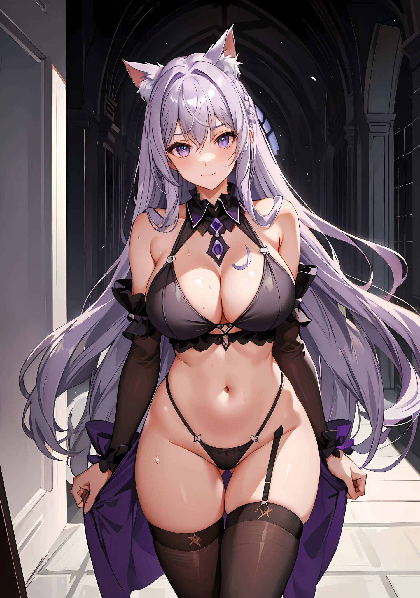 1 girl, sweat, (masterpiece, best quality, high quality, high resolution: 1.4), detailed, extremely detailed, ambient soft light, 4K, indoor, modern, room, window, night, dark, 1 girl, (solo: 1.4), (mature,: 1.4), standing, dynamic sexy pose, nude, seduction, long hair, (gray hair: 1.4), transparent lingerie, (purple hair: 1.2), extra long hair, flowing hair, messy hair, straight hair, (big eyes, purple eyes: 1.2 ), Look at the audience, smile, wet, see-though, (Undershirt:1.2), Covered Nipples, (White Thighhighs:1.2), Bottomless, Open Shirt, Curvy, (Thick Thighs, Skindentation:1.2), Medium breasts, cat, puffy, nsfw