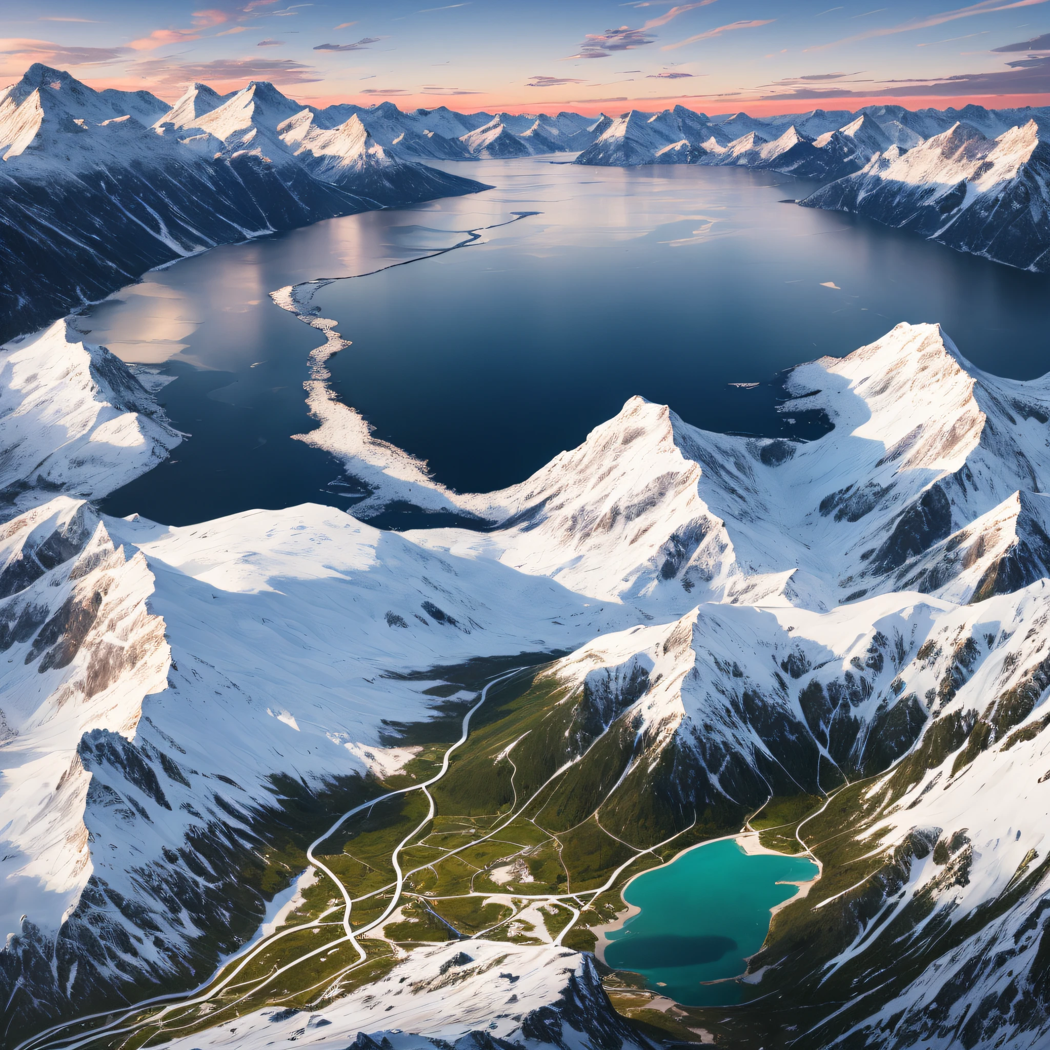 Landscape painting, mountainous horizon, distant snowy peaks, re-entry peaks, plateaus, fantastic floating islands, (gorgeous foreground: 1.1), (spring foreground: 1.1), blurry foreground, distant lakes, trees, nature, clear blue sky, cloud trails, cirrus, 64K, f1.2, 800mm, UHD, dynamic lighting --auto --s2