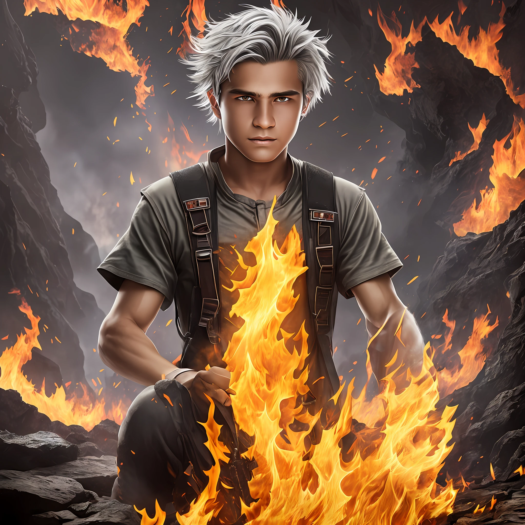 Drawing, fantasy, realism, high detail, cave, lava lake, (detailing, fire theme, fire particles, fiery wind, dynamic movement, fire, guy hugging shoulders, guy , (appearance detailing) light gray hair, yellow eyes, (eye detailing), dressed in a shirt (shirt on fire), shirt detailing), (fire detailing), pants (trousers covered with ashes), (trouser detailing), (clothing detailing), 8k --auto --s2