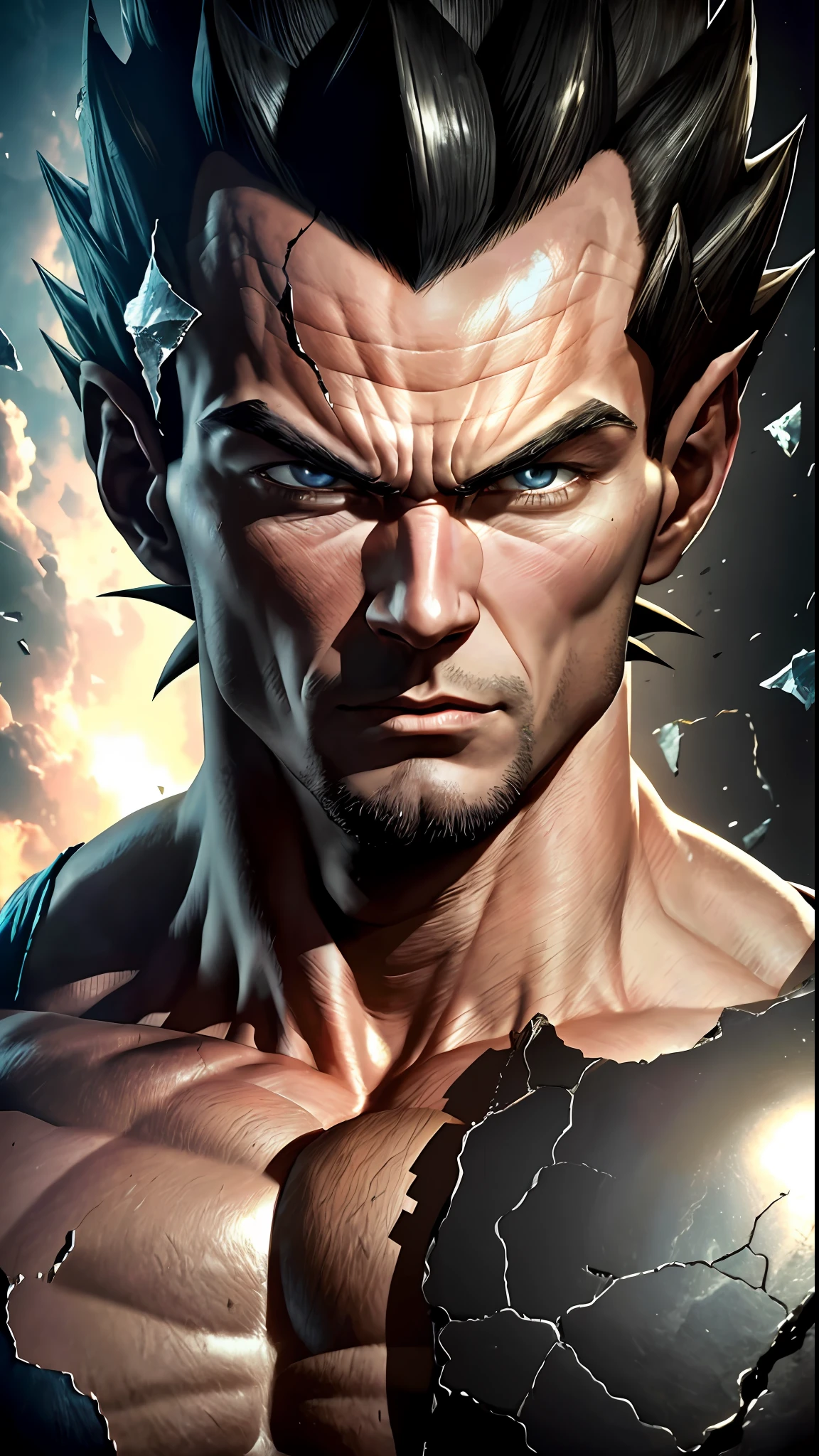 8k portrait of vegeta muscular, intricate, elegant, highly detailed, majestic, digital photography, art by artgerm and ruan jia and greg rutkowski , black hair, beardless face, broken glass (masterpiece, side lighting, beautiful finely detailed eyes: 1.2 ), hdr,