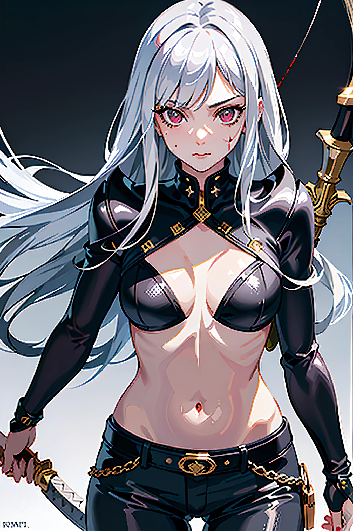 ((Masterpiece)), (((Best Quality))), ((Super Detail)), ((Illustration)), ((Semi-Real), (Reflection), Armor made of snakes, Sharp Focus, Front lighting, Intense shadows, (Beautiful Eyes of Detail), Eyelashes, (Very Delicate and Beautiful Girl), ((Red Eye)), Silver hair, (Jacket), (Pants), Long hair, (Wielding a sword), ((Detailed eyes)), (Cold Blood), Medium chest, shiny skin, belly button and lower breasts, cinematic lighting mask, ray tracing, depth of field, dynamic angle, viewer view, ((epic background)), (face blood 1.2), (difficulty 1.4)