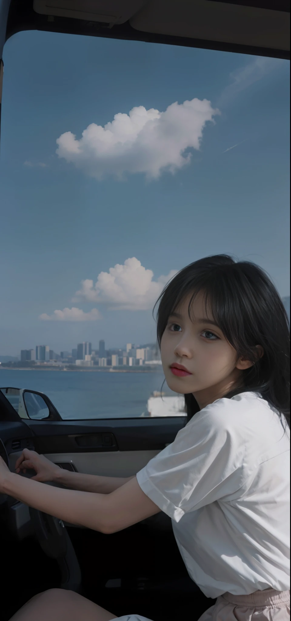 Long hair white shirt girl in sedan co-pilot, side face, retro anime image, 1980s anime style, Hong Kong style, dark blue clouds outside car window, night, bare legs