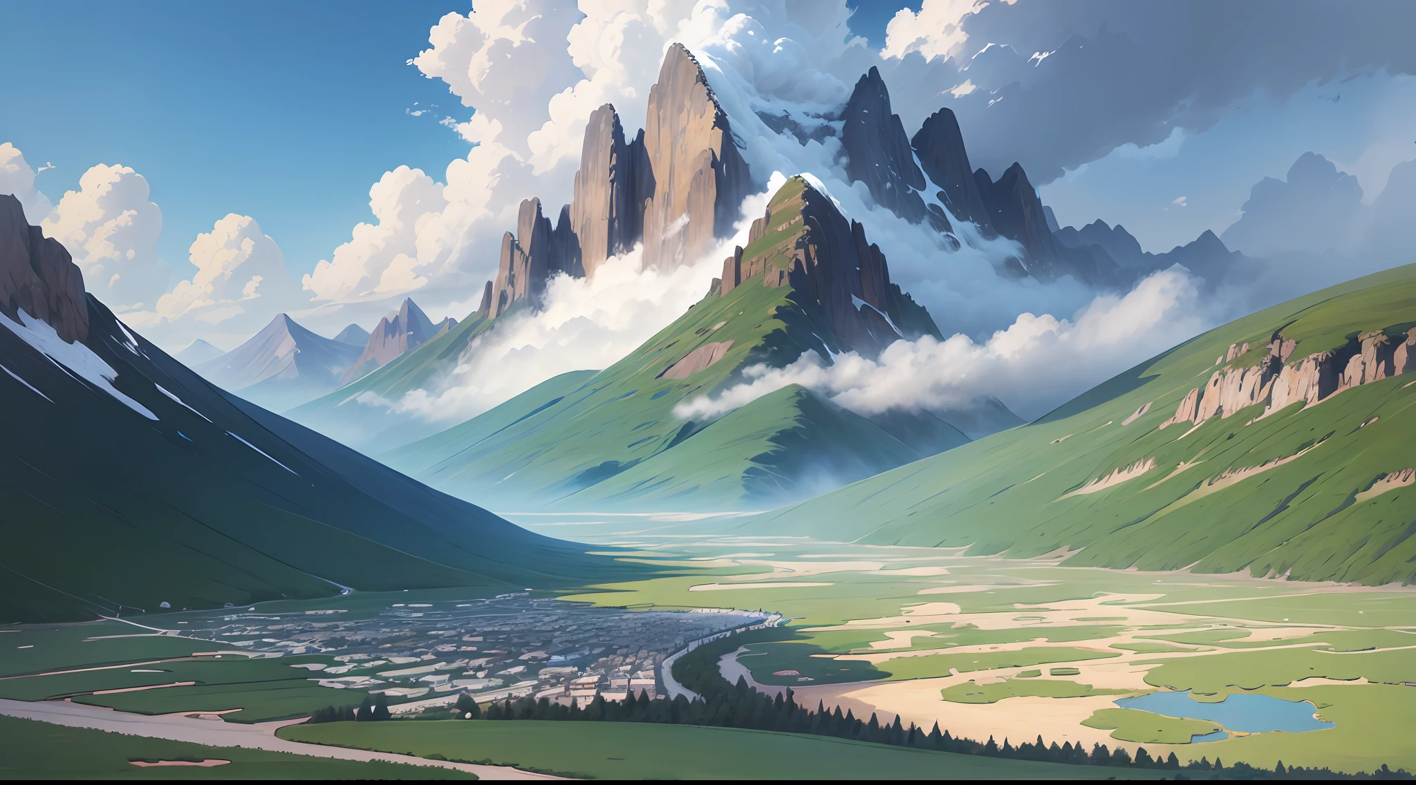 reality, Beautiful and amazing landscape oil painting, Studio Ghibli Miyazaki's petal steppe with blue sky and white clouds, , Huge mountains, realism, anime style, UHD, masterpiece, textured skin, high details, high quality --auto --v6 --s2