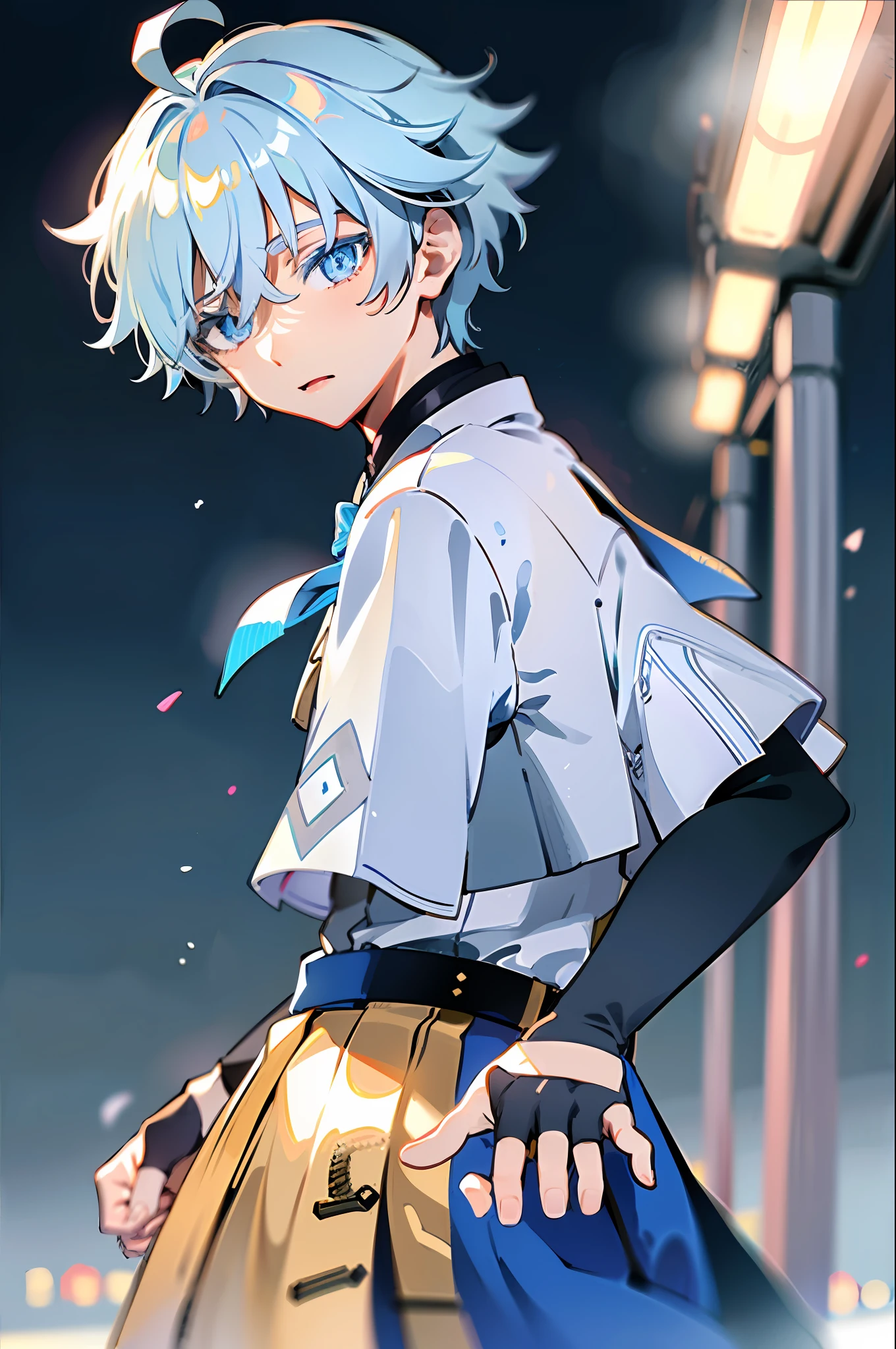 (8k, RAW photo, best quality, masterpiece:1.3),(night),(looking at viewer:1.331),(white hair),posing,Tokyo street,nightcityscape,1boy, extremely beautiful face,bust,put down hands,Random hairstyle,Random expression,big eyes, ,lower abdomen,(short-sleeved 
JK_shirt),JK_style,(JK_skirt) ,(bow JK_tie),mix4, , (school uniform:1.5), chongyun_(genshin impact)，light blue hair，cute face，upper body，chongyun (genshin impact), 1boy, mature male, solo, blue eyes, blue hair, gloves, ahoge, close up
